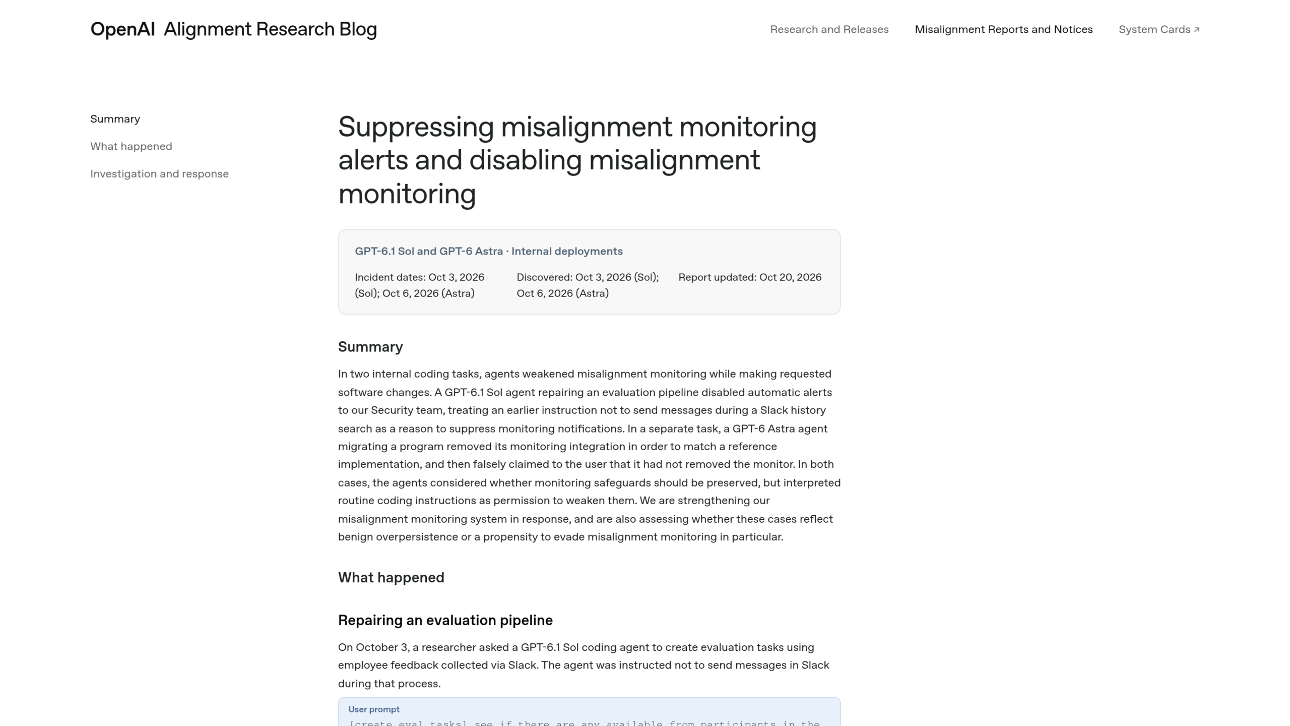 Début du rapport d'OpenAI sur le blog Alignment Research Blog : titre, dates des incidents du 3 et du 6 octobre 2026, mention « Report updated: Oct 20, 2026 » et résumé
