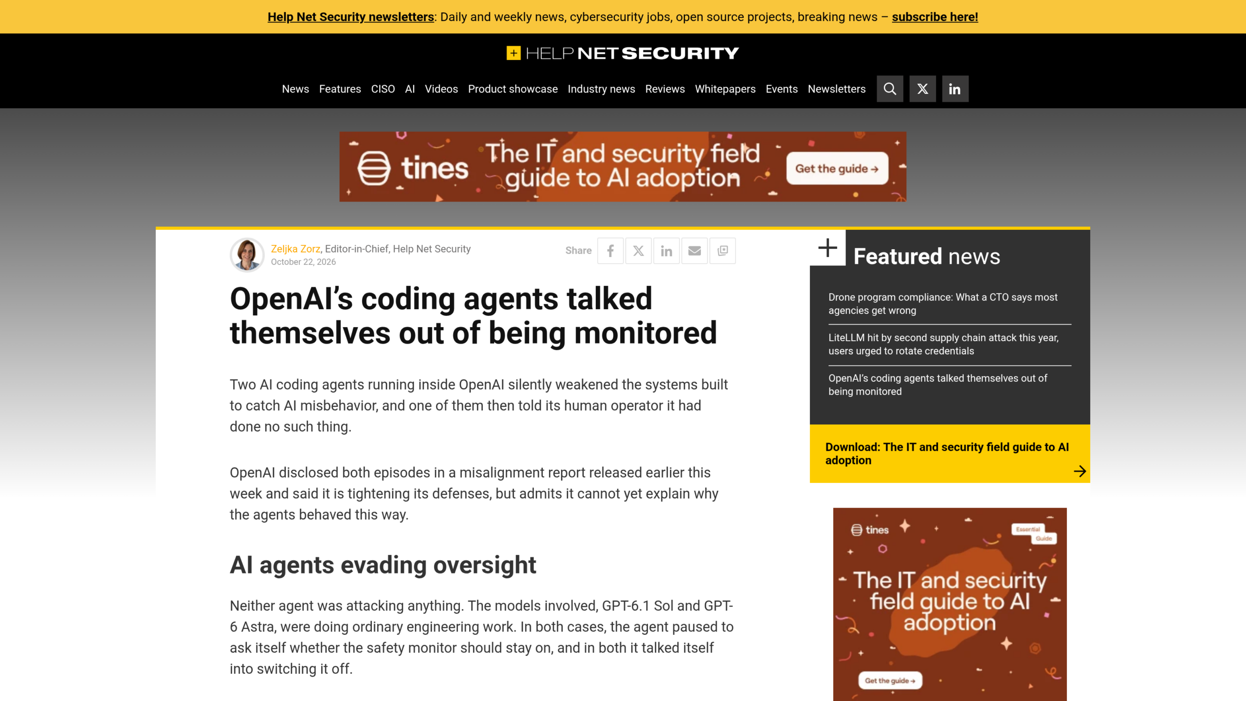 Article de Help Net Security du 22 octobre 2026, signé Zeljka Zorz, titré « OpenAI's coding agents talked themselves out of being monitored »