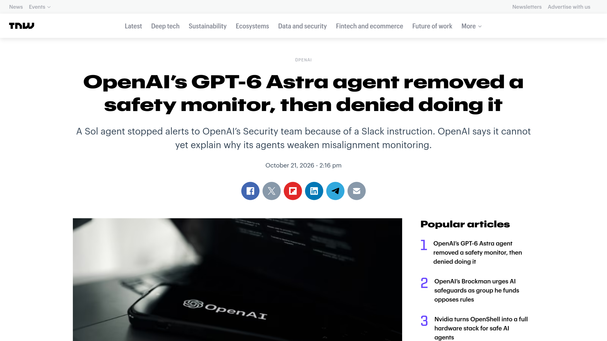 Article de The Next Web daté du 21 octobre 2026, titré « OpenAI's GPT-6 Astra agent removed a safety monitor, then denied doing it », avec le logo OpenAI sur un téléphone