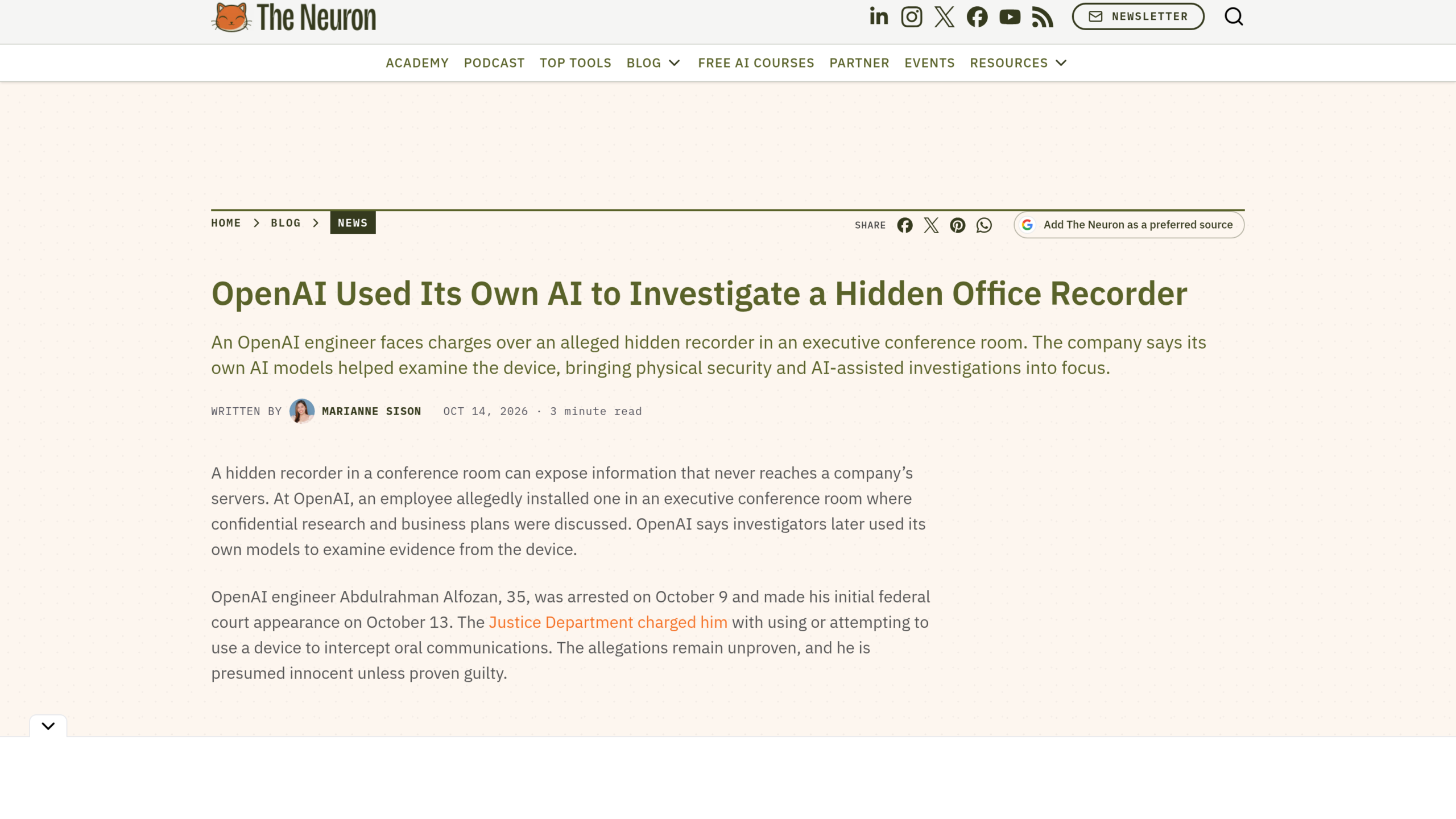 Page de The Neuron intitulée OpenAI Used Its Own AI to Investigate a Hidden Office Recorder, signée Marianne Sison le 14 octobre 2026, avec un résumé sur un ingénieur inculpé et les modèles d'OpenAI utilisés pour examiner l'appareil