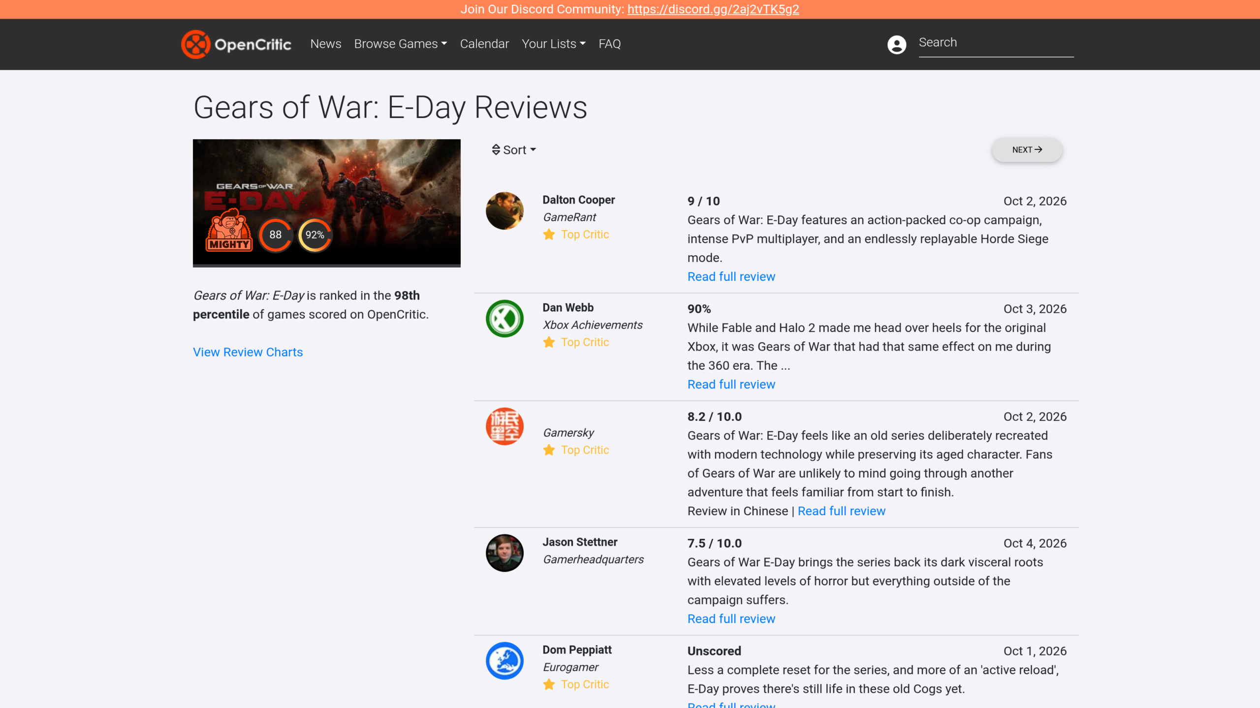 Page OpenCritic du jeu : moyenne de 88, 92 % de recommandations, classement Mighty, avec des extraits de GameRant, Xbox Achievements, Gamersky, Gamerheadquarters et Eurogamer