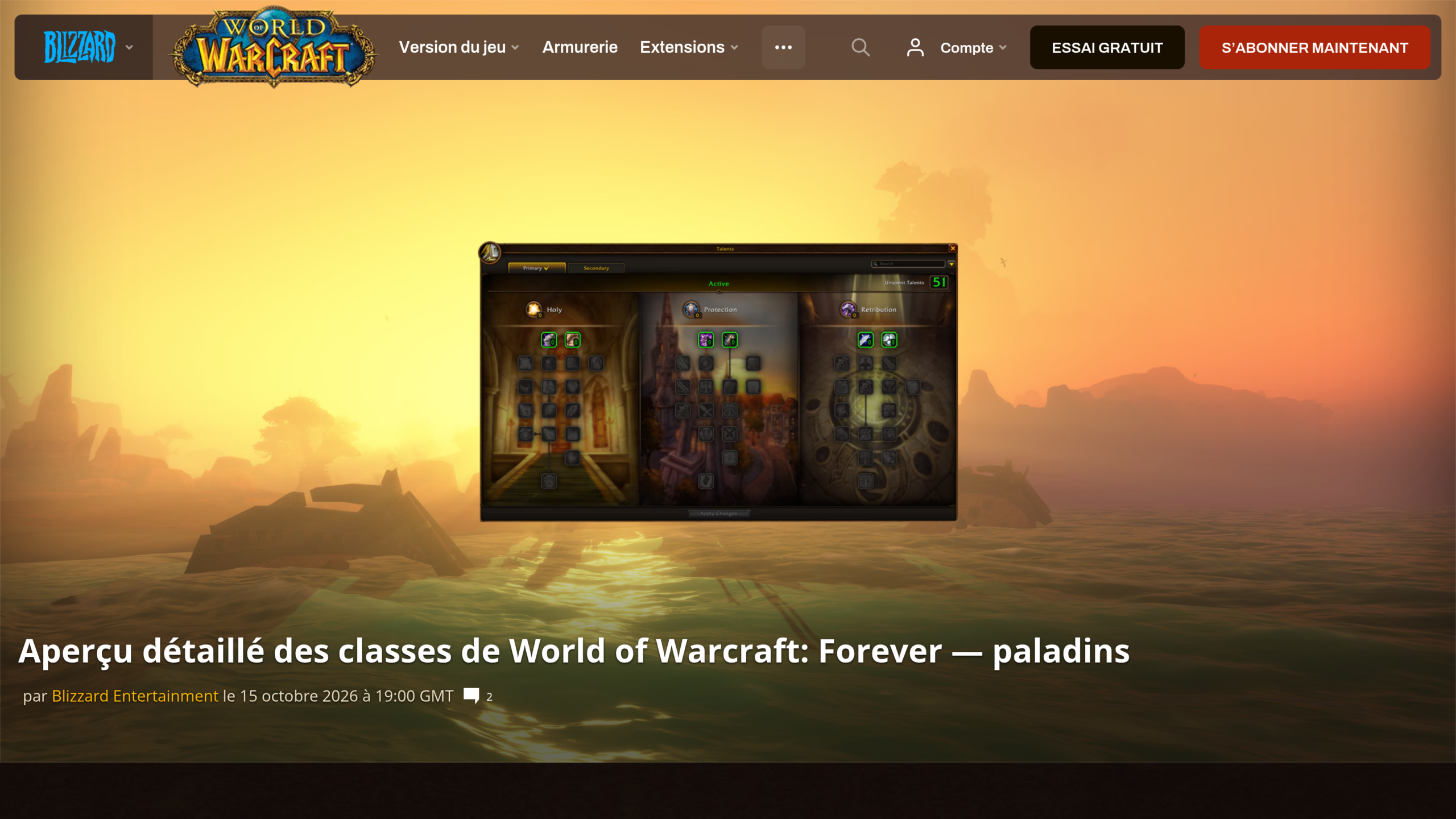 Page officielle en français du Class Deep Dive du paladin sur le site de World of Warcraft, avec une capture de l'interface de talents Sacré, Protection et Vindicte sur fond de coucher de soleil