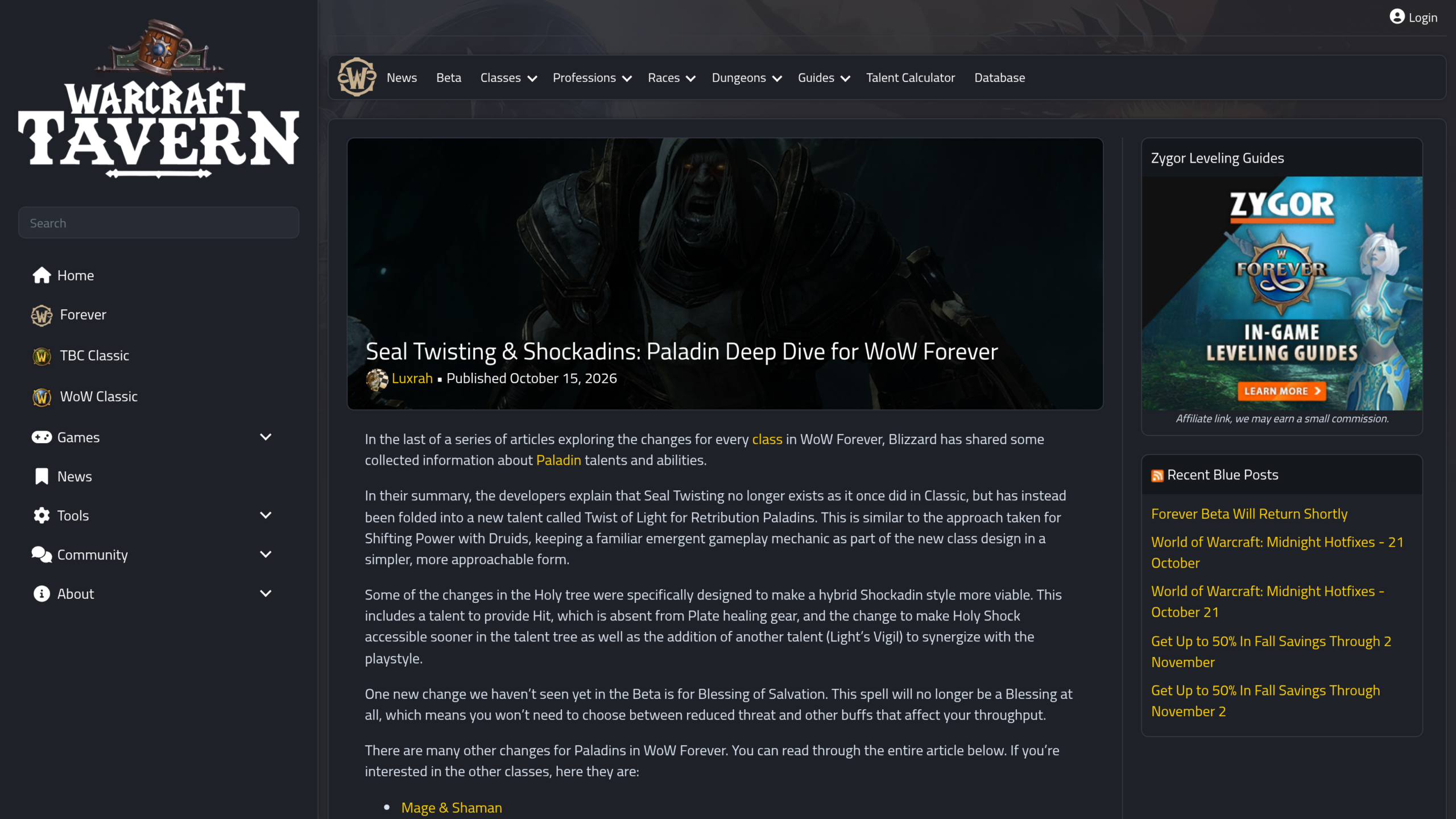 Article de Warcraft Tavern signé Luxrah sur le Deep Dive du paladin, résumant la disparition du seal twisting de base, Twist of Light et le style Shockadin