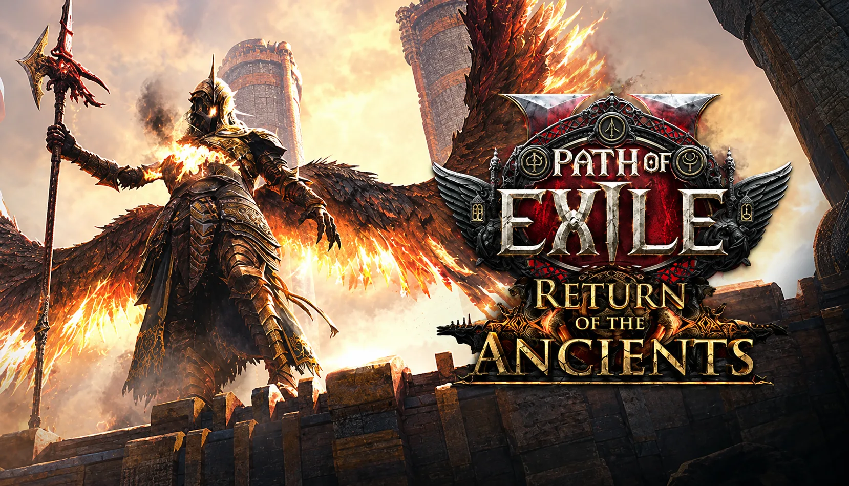 Visuel officiel de l'extension Return of the Ancients de Path of Exile 2 : un guerrier en armure aux ailes de feu, lance à la main, sur des remparts, à côté du logo du jeu