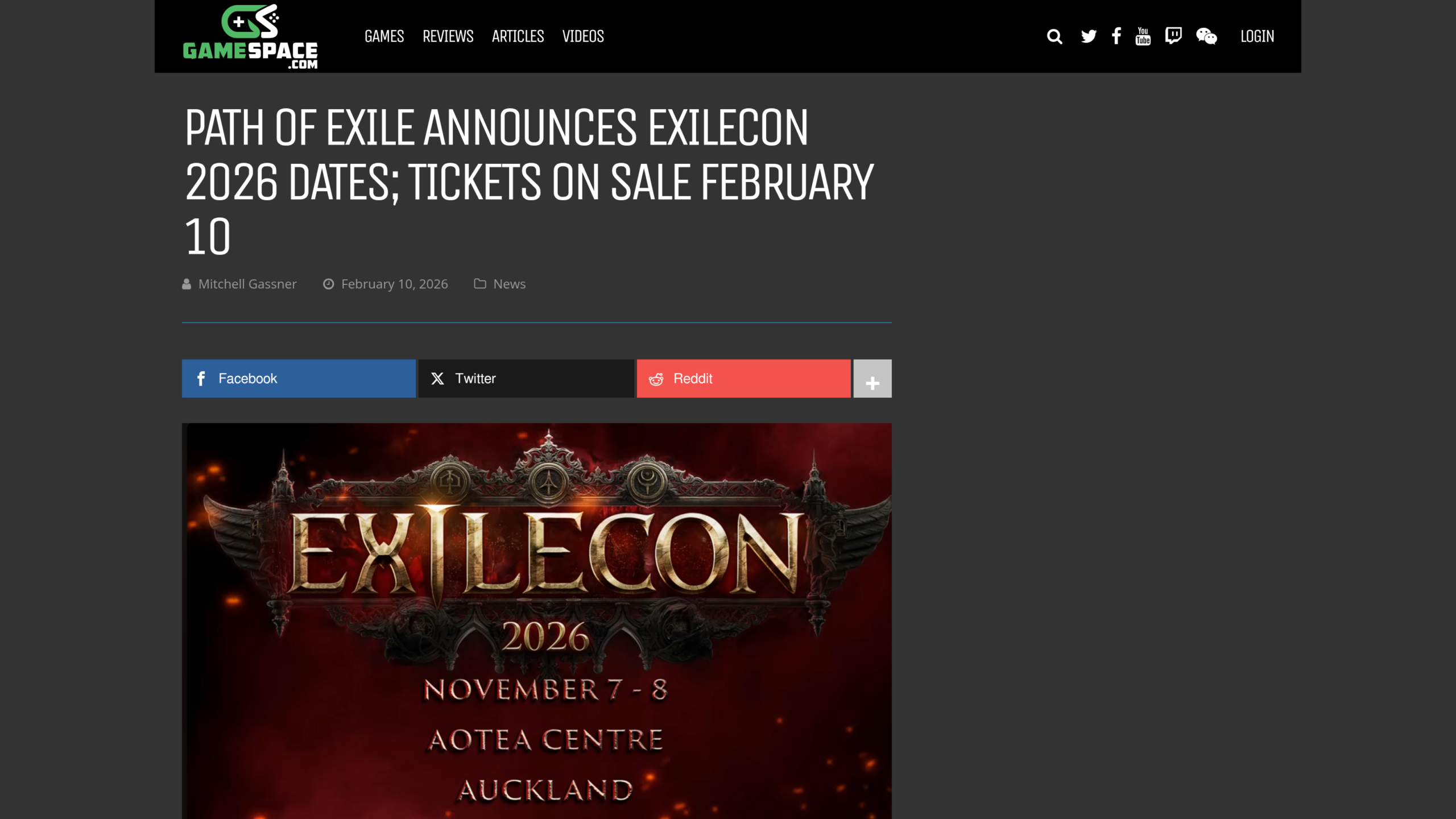 Article de GameSpace avec l'affiche de l'ExileCon 2026, 7 et 8 novembre, Aotea Centre, Auckland