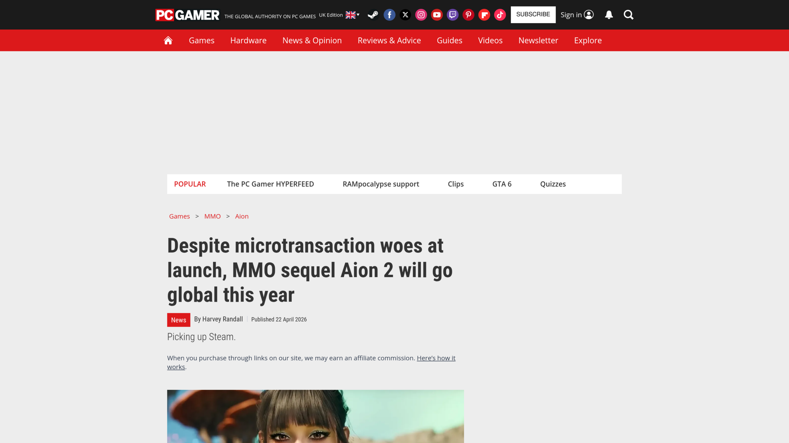 Article de PC Gamer du 22 avril 2026, signé Harvey Randall, annonçant la sortie mondiale d'Aion 2 malgré les problèmes de microtransactions en Corée