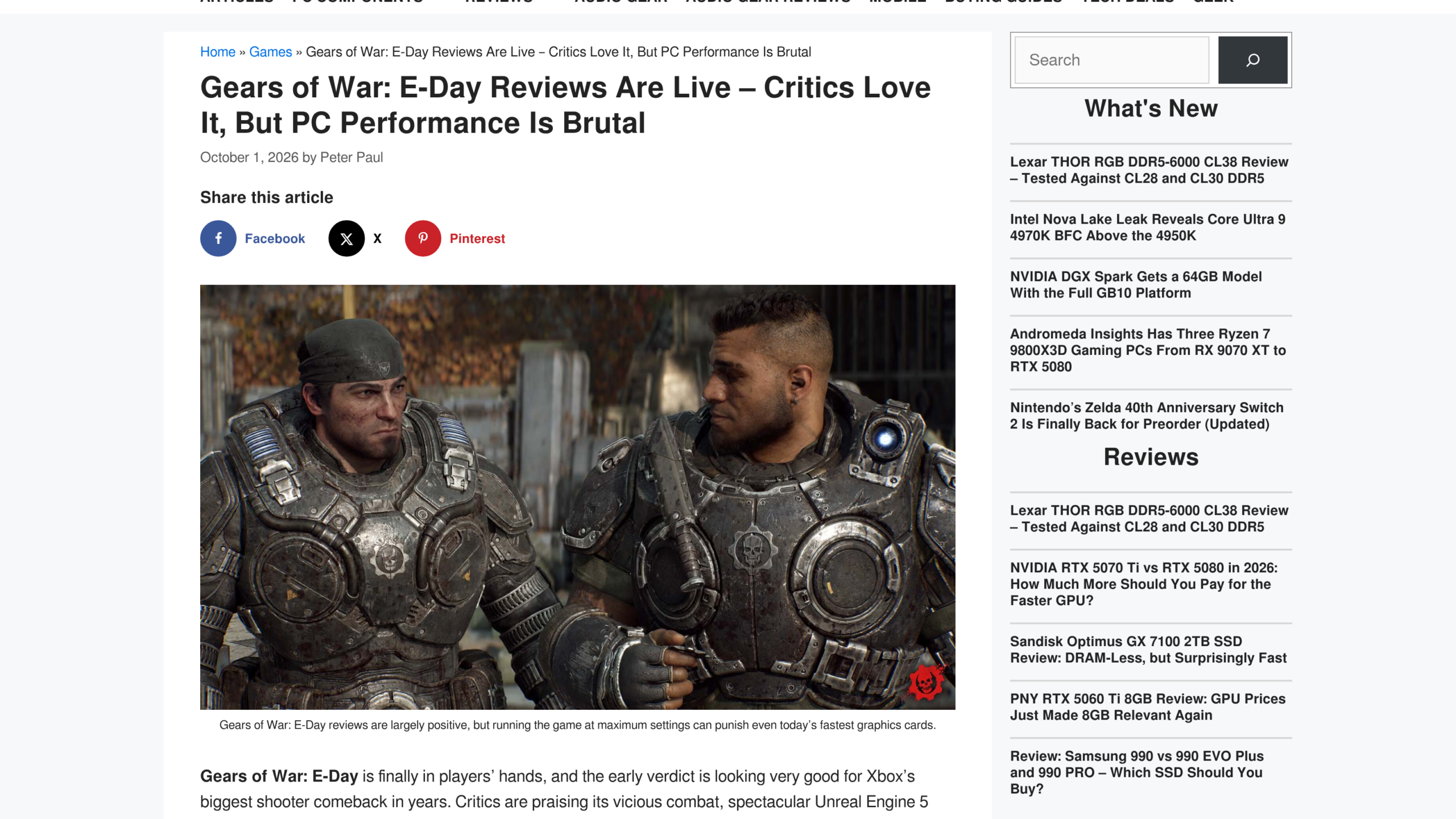 Article de The PC Enthusiast sur les tests et les performances PC du jeu, avec Marcus Fenix et Dominic Santiago en armure