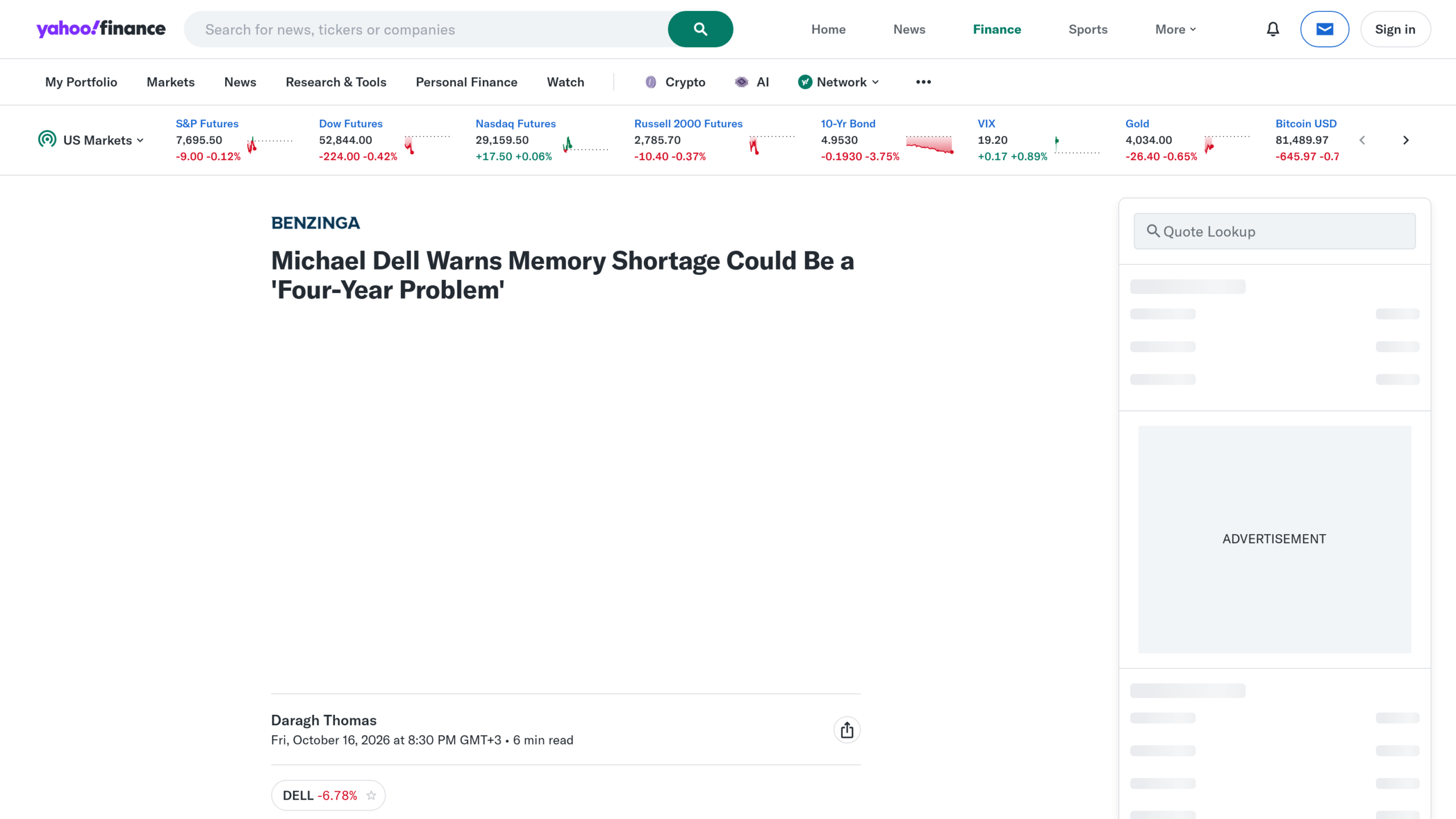 Page Yahoo Finance d'un article de Benzinga titré « Michael Dell Warns Memory Shortage Could Be a 'Four-Year Problem' », signé Daragh Thomas, daté du 16 octobre 2026