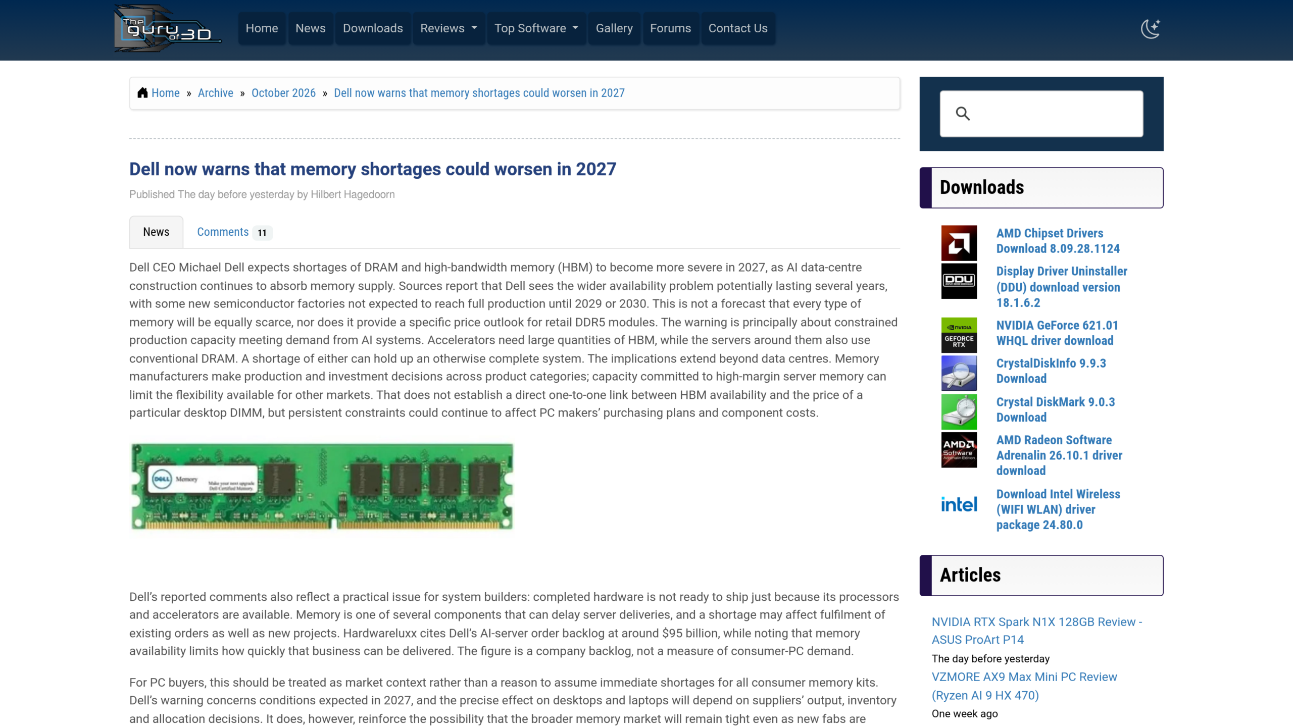 Article de Guru3D titré « Dell now warns that memory shortages could worsen in 2027 », avec une barrette de mémoire de marque Dell sous le texte