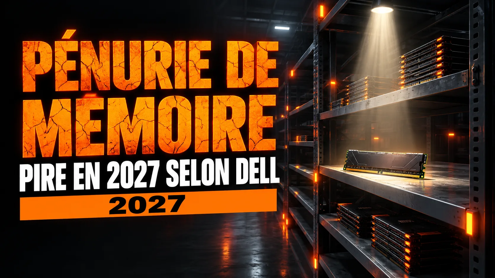 Un dirigeant d'entreprise en costume devant des baies de serveurs remplies de barrettes de mémoire, avec le texte « Michael Dell, la pénurie de mémoire empire, 2027 »