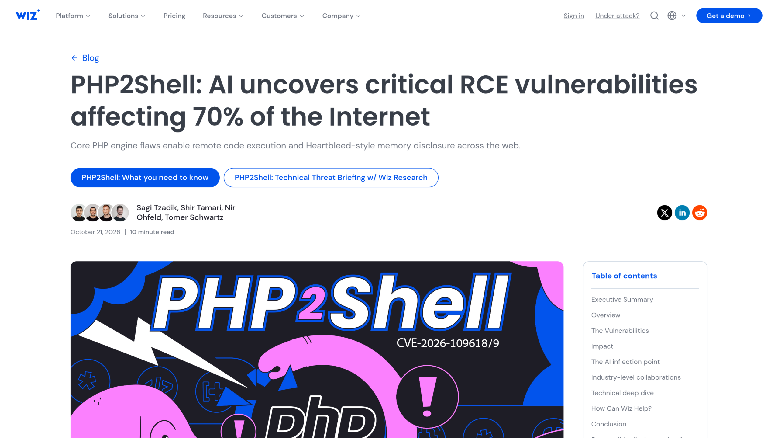 Article du blog de Wiz Research daté du 21 octobre 2026, « PHP2Shell: AI uncovers critical RCE vulnerabilities affecting 70% of the Internet », avec le logo PHP2Shell