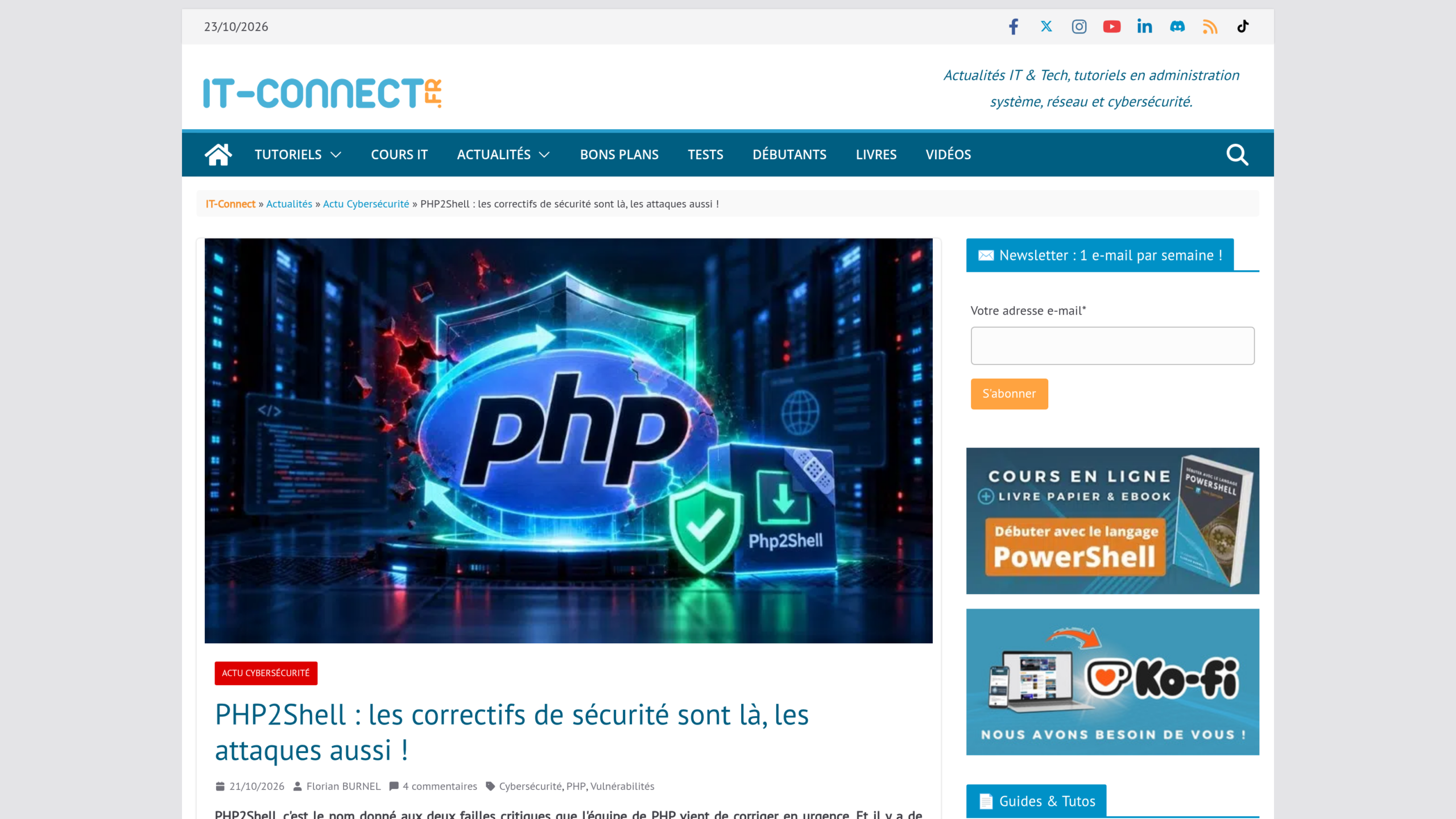 Article d'IT-Connect du 21 octobre 2026 intitulé « PHP2Shell : les correctifs de sécurité sont là, les attaques aussi ! », avec un logo PHP fissuré et un bouclier vert