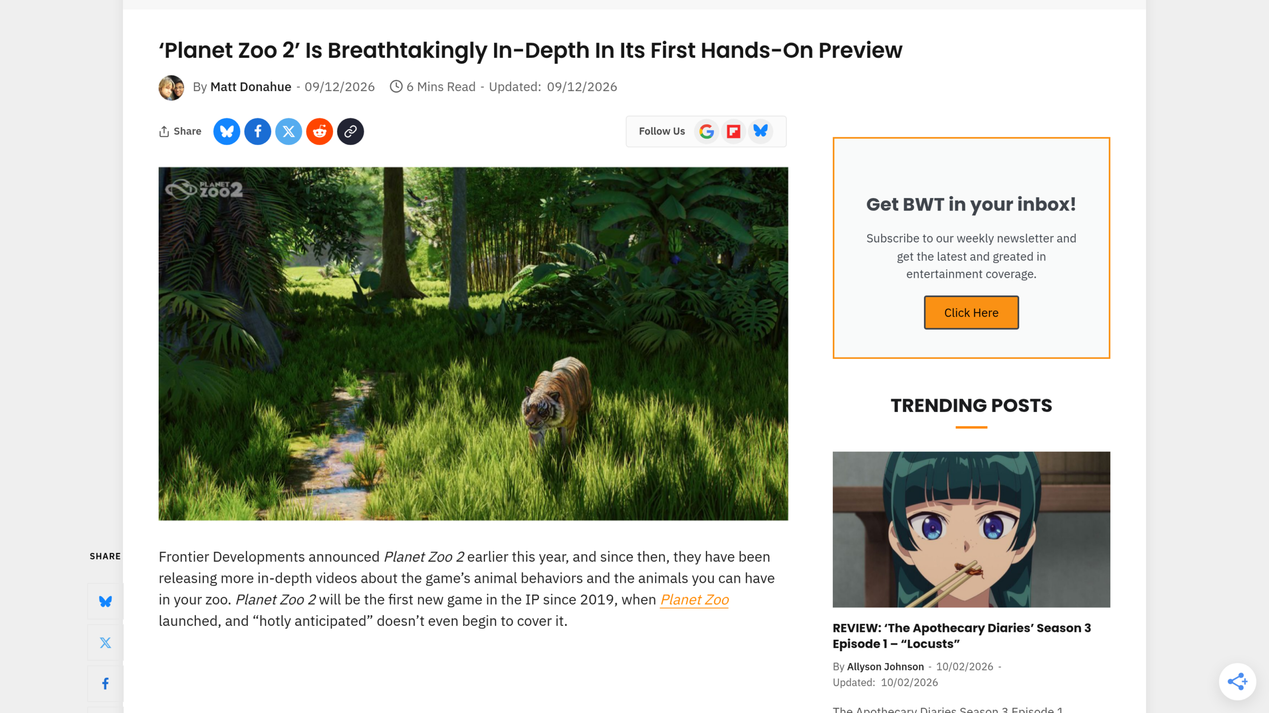 Prise en main de But Why Tho du 12 septembre 2026 signée Matt Donahue, titrée sur la profondeur de Planet Zoo 2, avec un tigre qui avance dans une forêt dense
