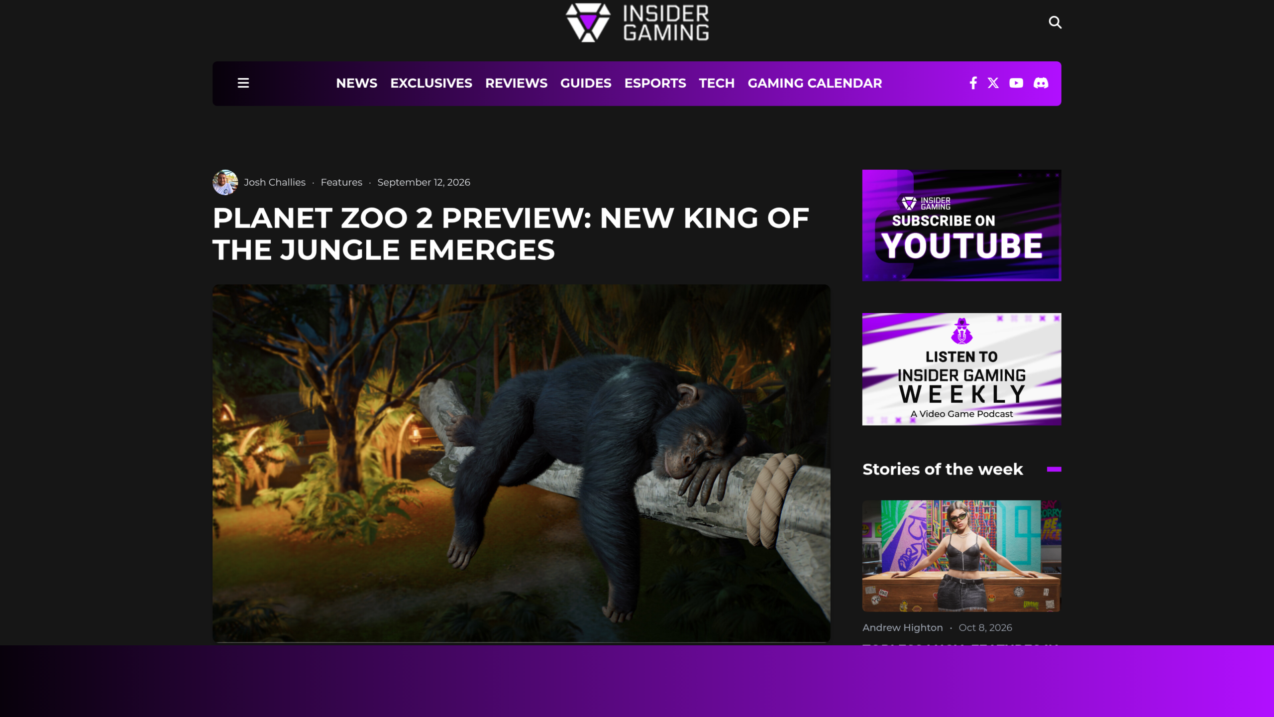 Prise en main d'Insider Gaming du 12 septembre 2026 signée Josh Challies, titrée nouveau roi de la jungle, avec un chimpanzé endormi sur une branche