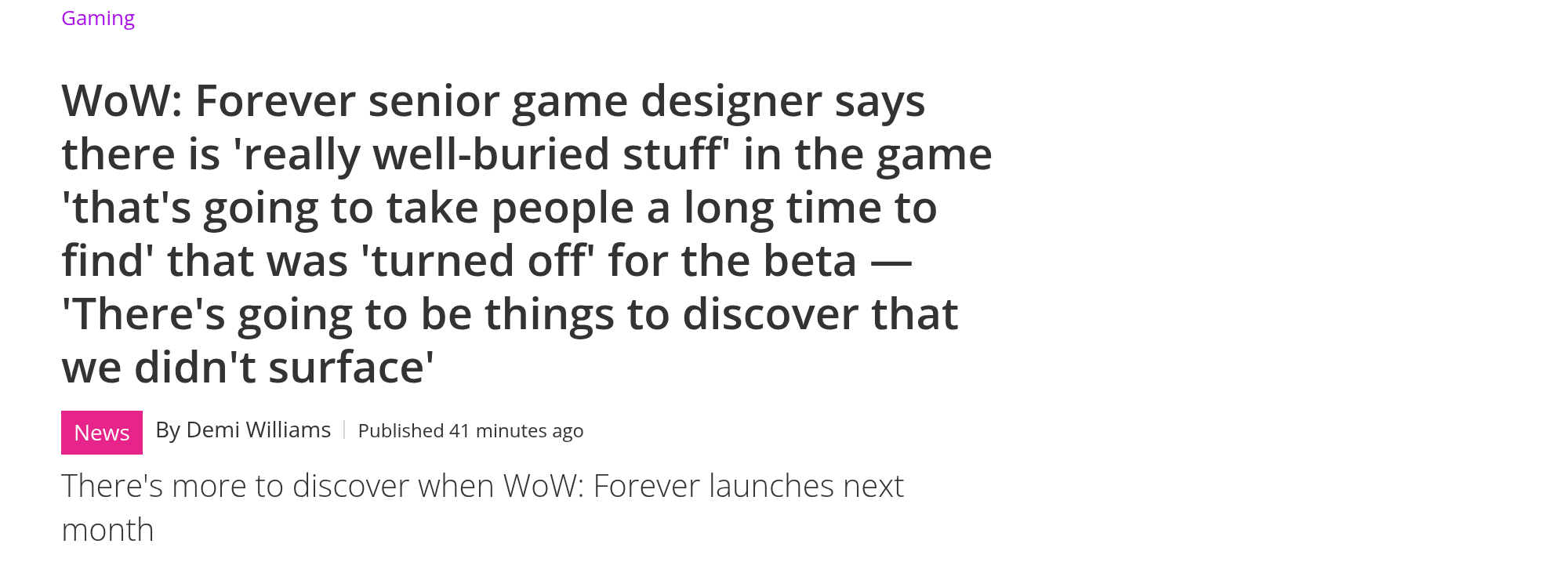 Capture d'un article TechRadar, rubrique Gaming, dont le titre cite un game designer senior de WoW Forever au sujet de contenus désactivés pendant la bêta