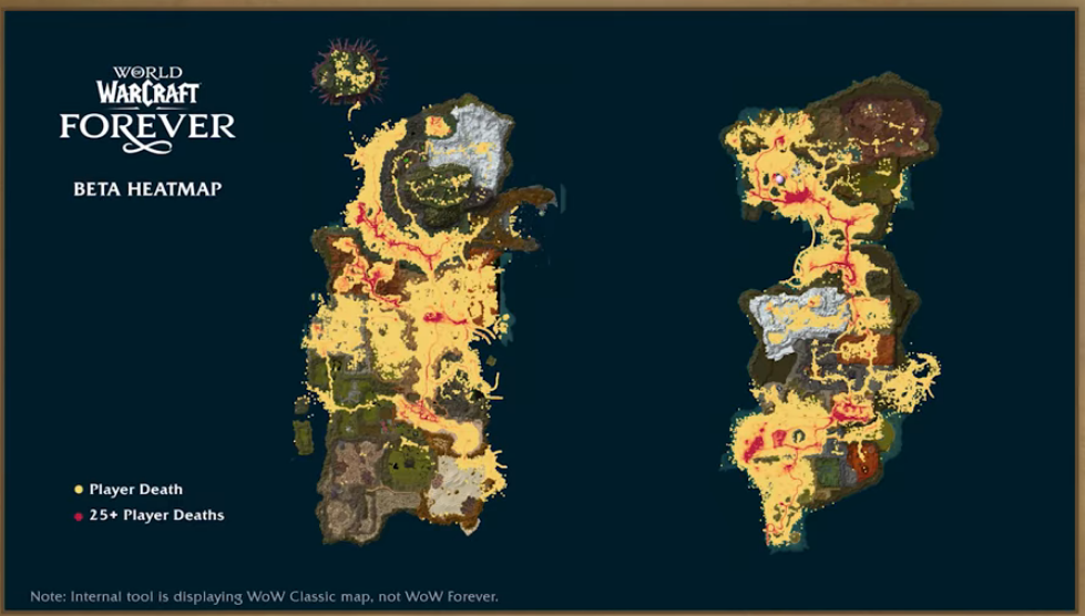 Carte des deux continents couverte de points jaunes et de zones rouges qui marquent les morts de joueurs, avec la mention d'un outil interne affichant la carte de WoW Classic