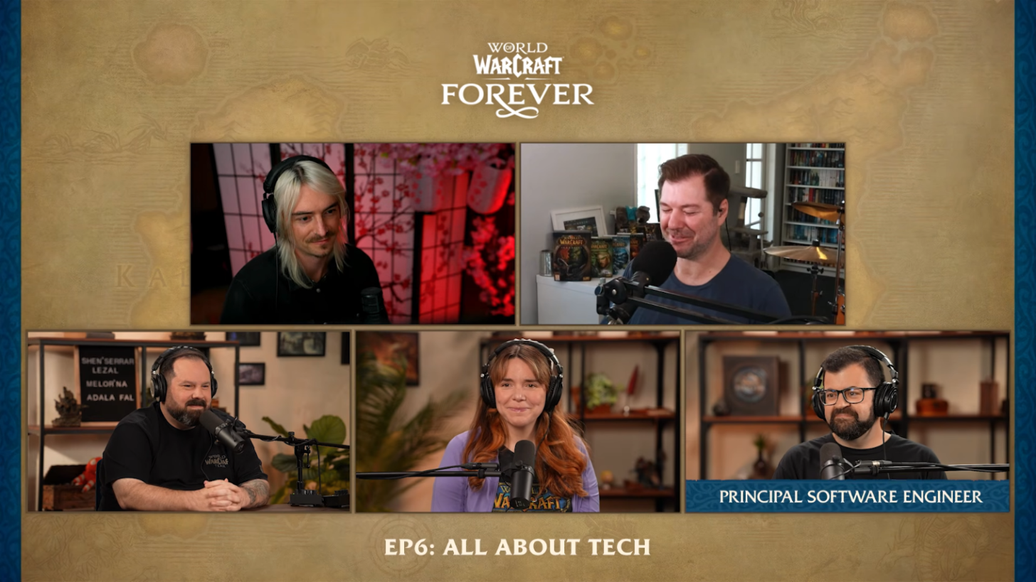 Mosaïque de cinq participants en visioconférence sur fond de carte d'Azeroth, logo World of Warcraft Forever et titre EP6 All About Tech