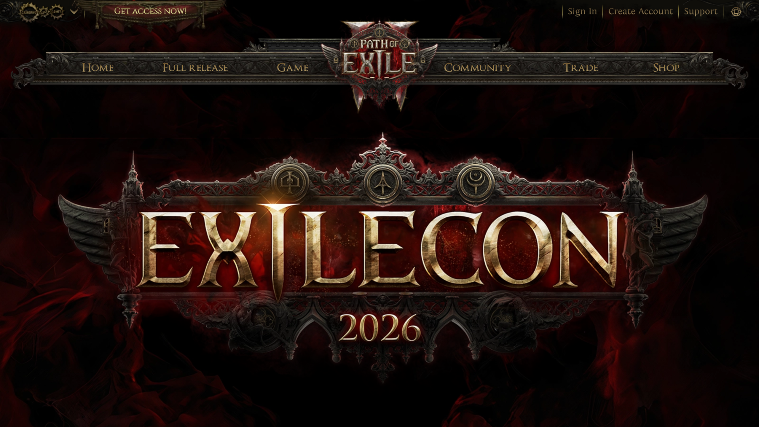 Logo ExileCon 2026 doré sur fond rouge sombre, en tête de la page officielle de Path of Exile 2
