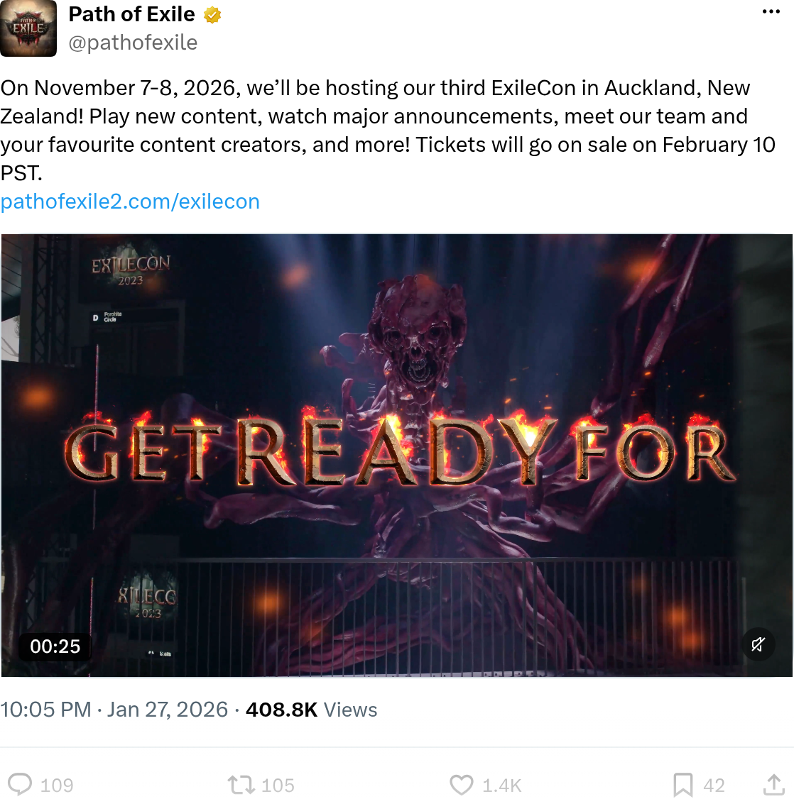 Message du compte X de Path of Exile publié le 27 janvier 2026 annonçant la troisième ExileCon à Auckland les 7 et 8 novembre, avec une vidéo d'annonce de 25 secondes