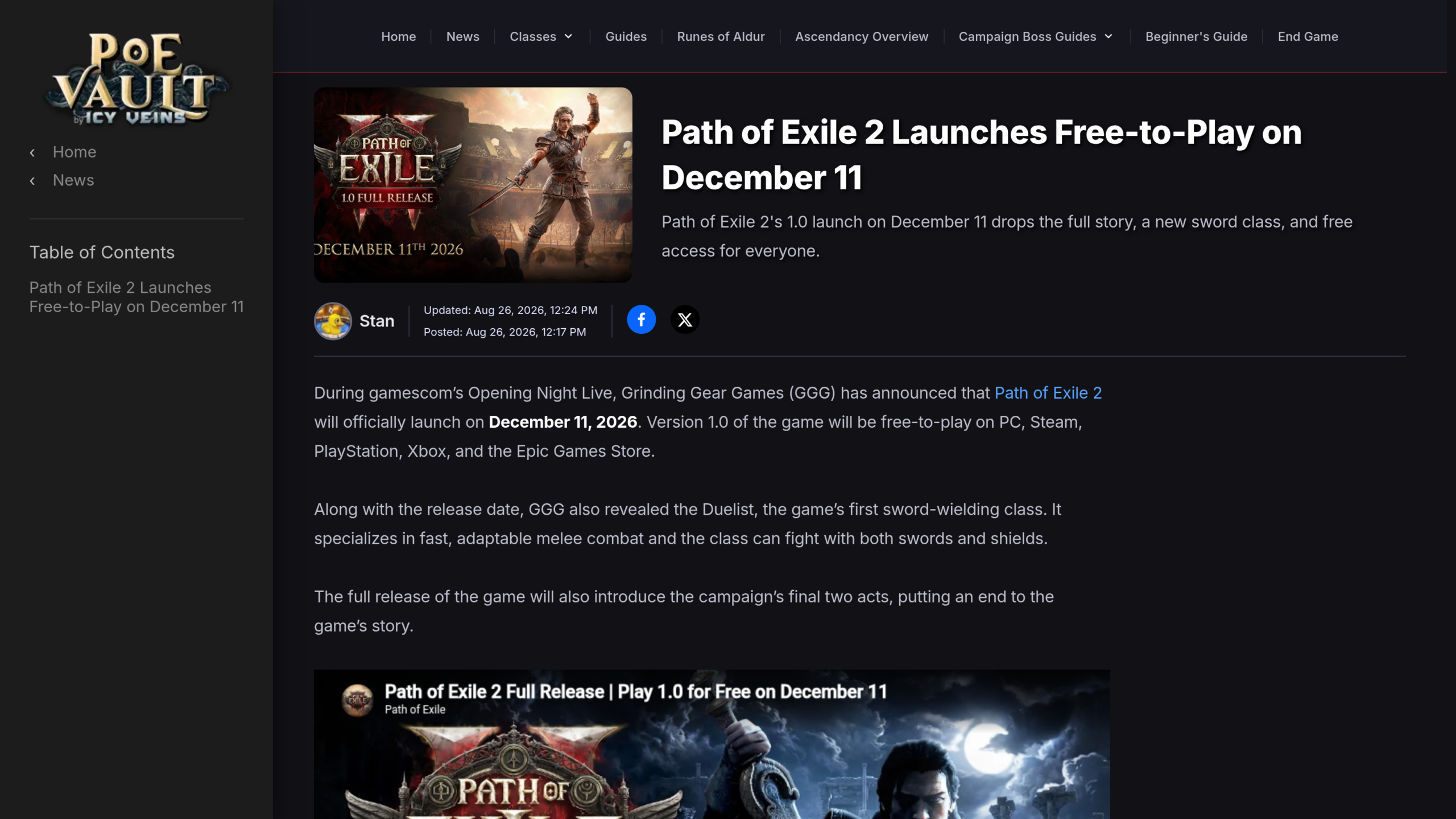 Article de Stan sur PoE Vault du 26 août 2026 : lancement gratuit de Path of Exile 2 le 11 décembre, Duelliste et deux derniers actes