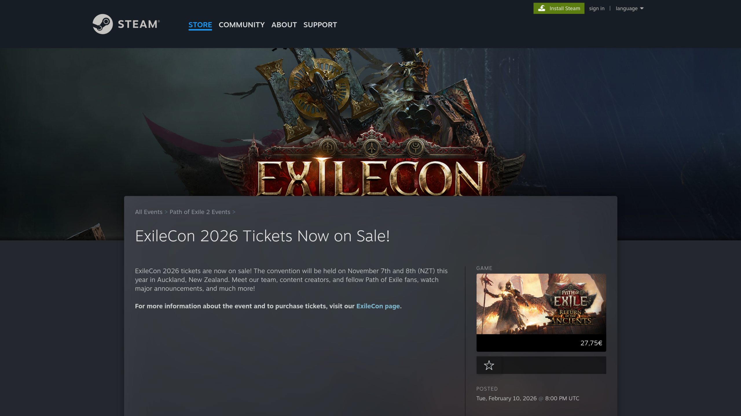 Actualité Steam du 10 février 2026 sur l'ouverture des billets de l'ExileCon, avec la vignette du jeu portant le nom Return of the Ancients
