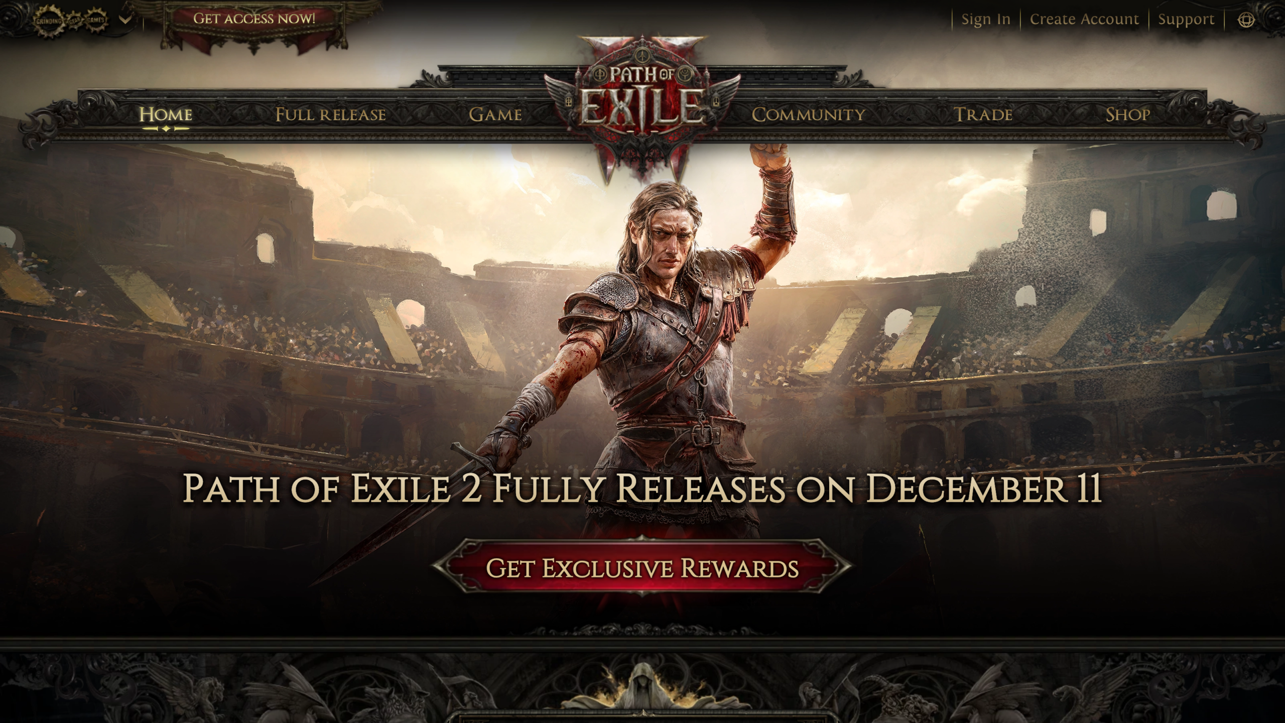 Accueil de pathofexile2.com : un guerrier à l'épée dans une arène, le titre Path of Exile 2 sort le 11 décembre et le bouton pour obtenir des récompenses exclusives