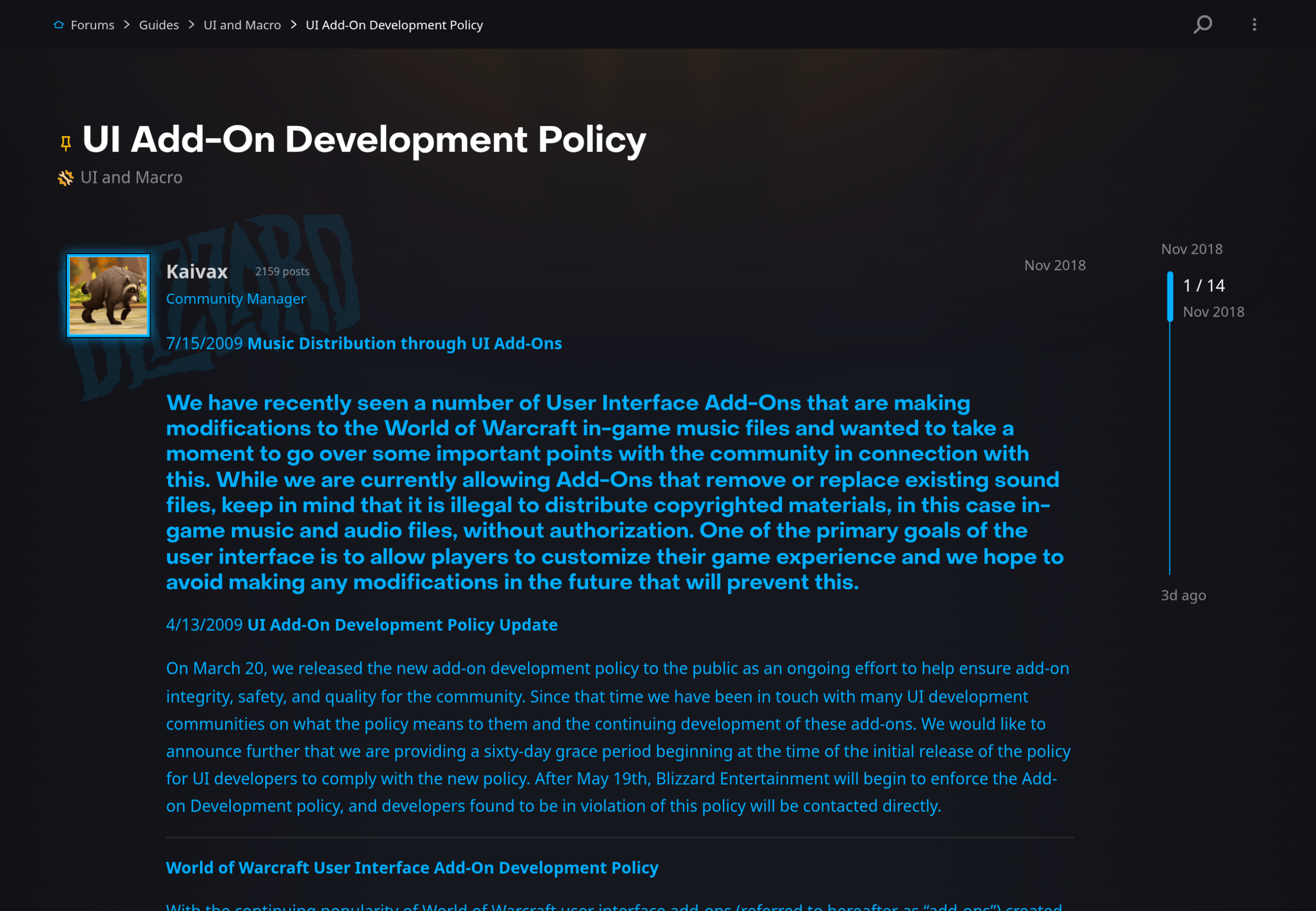 Capture du forum américain officiel de World of Warcraft : message sur la politique de développement des add-ons, avec la mise à jour du 13 avril 2009 qui annonce 60 jours de grâce et une application le 19 mai 2009
