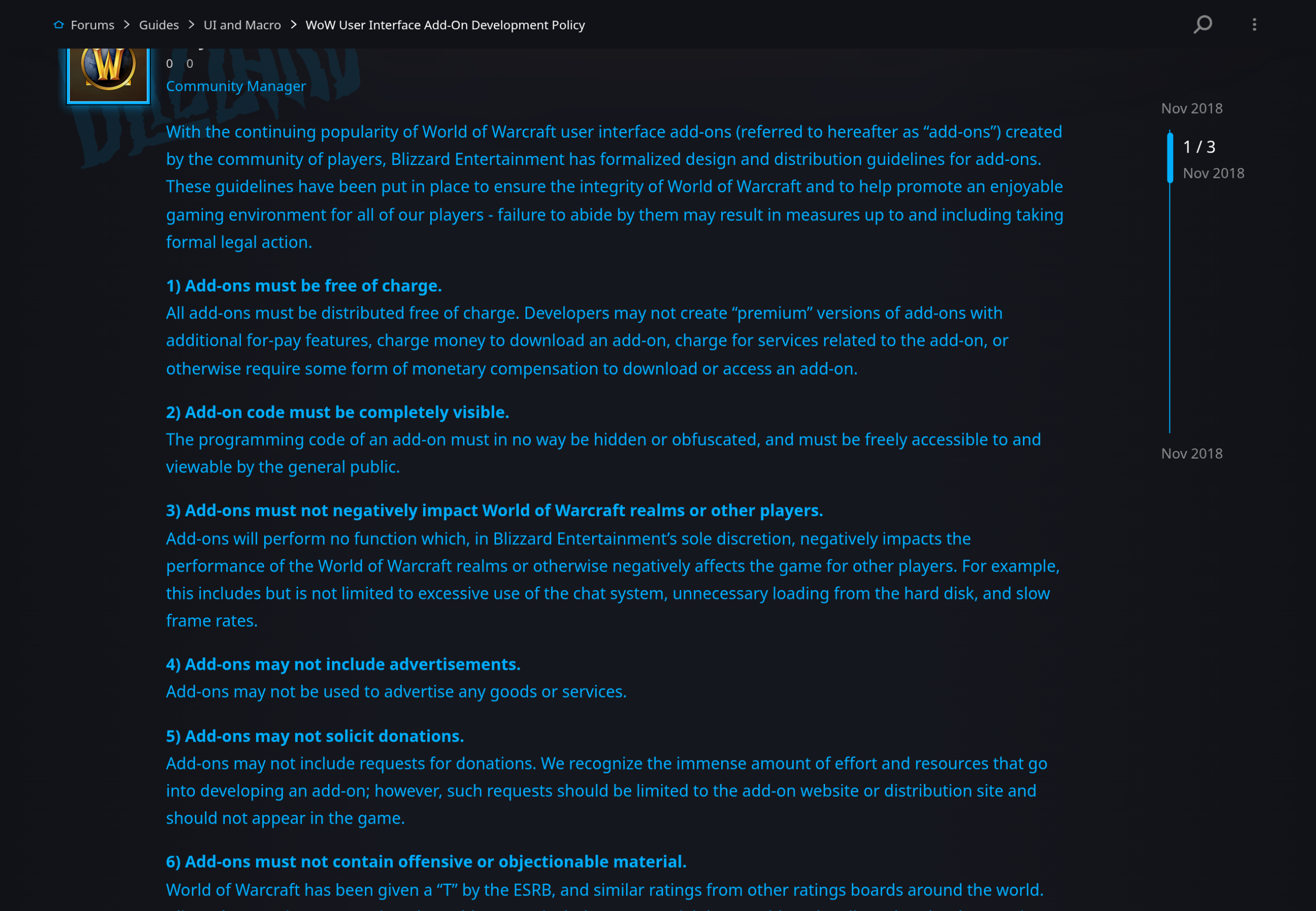 Capture d'un message du forum de Blizzard : un préambule en tête de page, suivi d'une liste numérotée de règles dont la règle 1 sur la gratuité des add-ons
