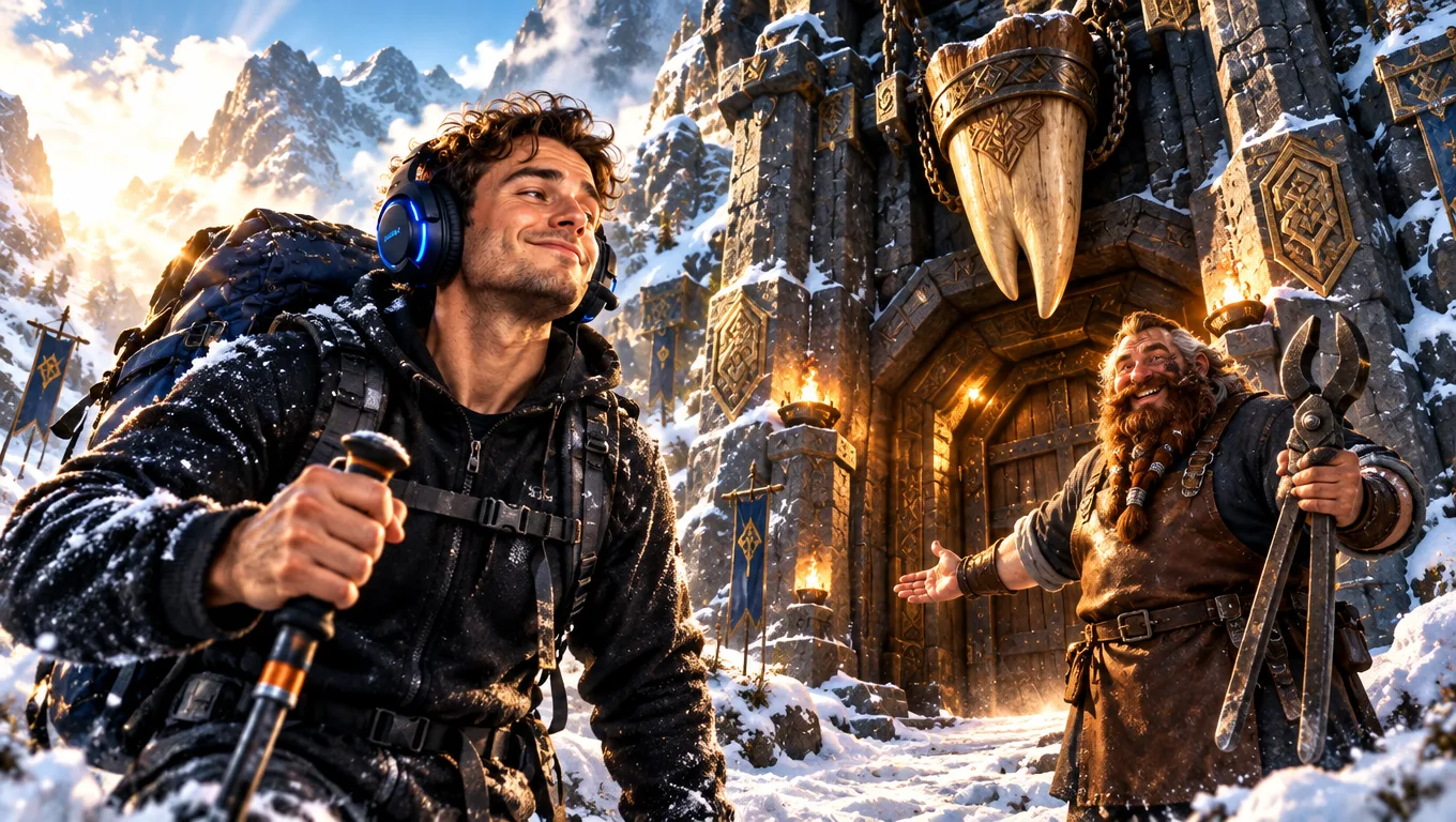 A gamer with a headset, backpack and walking pole arrives through the snow at a dwarven fortress carved into the mountain, under a giant carved tooth, where a bearded dwarf dentist welcomes him with huge pliers