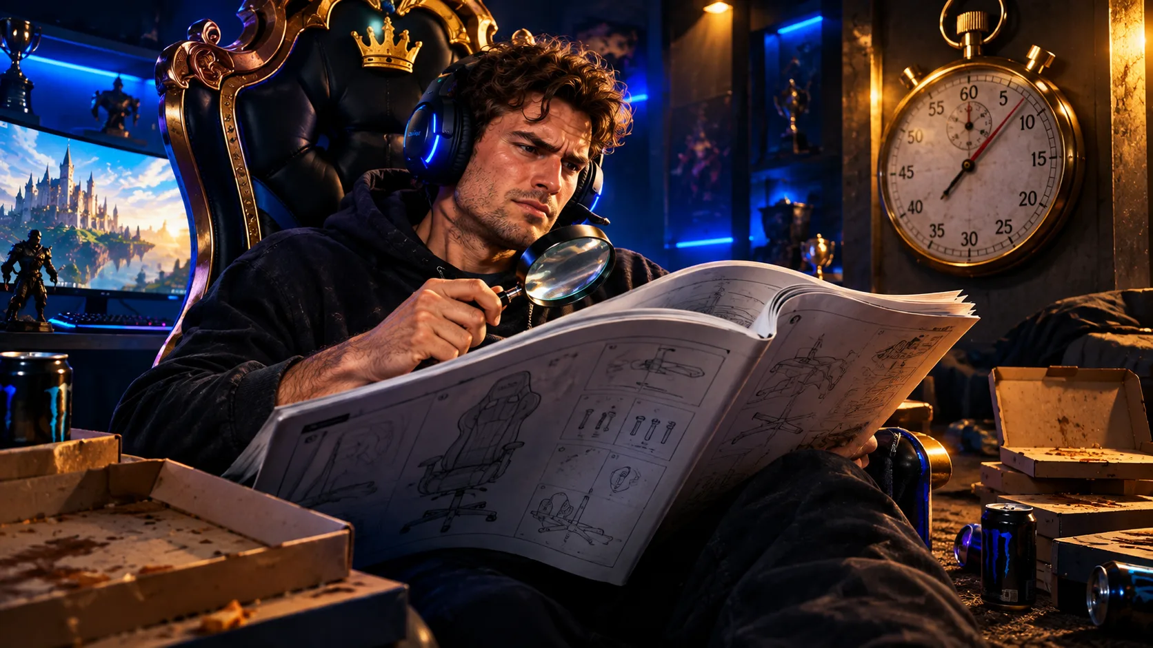 A gamer with a headset, sitting in a throne-like gaming chair, studies a huge assembly manual through a magnifying glass, under a big wall stopwatch, among empty pizza boxes and cans