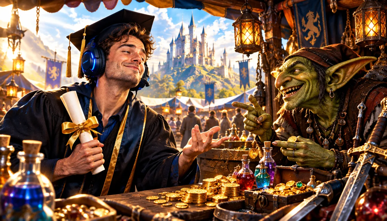 A gamer with a headset in a graduation gown and cap, diploma in hand, haggles with a grinning goblin behind a stall covered in gold coins, potions and swords, a castle in the background