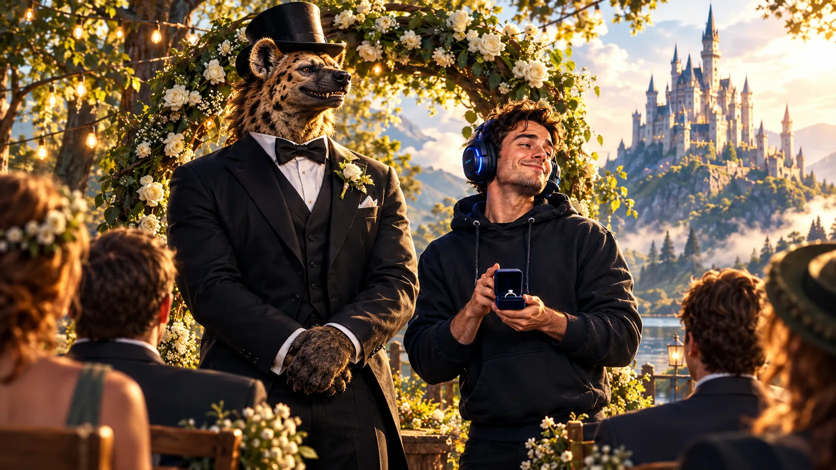 In a flowery clearing, a hyena-headed gnoll in a tuxedo and top hat waits under a rose arch, next to a gamer with a headset, his best man, holding the ring box, a castle in the distance