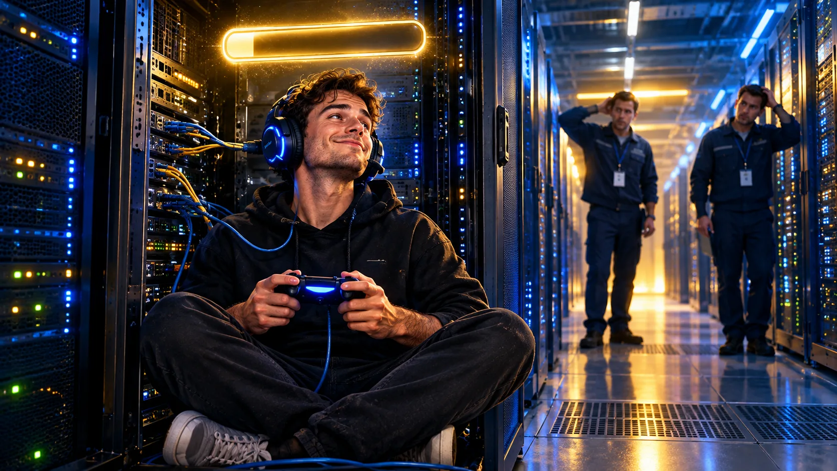 A gamer with a headset, controller in hand, sits cross-legged inside a server rack under an empty glowing loading bar, while two technicians scratch their heads down the aisle