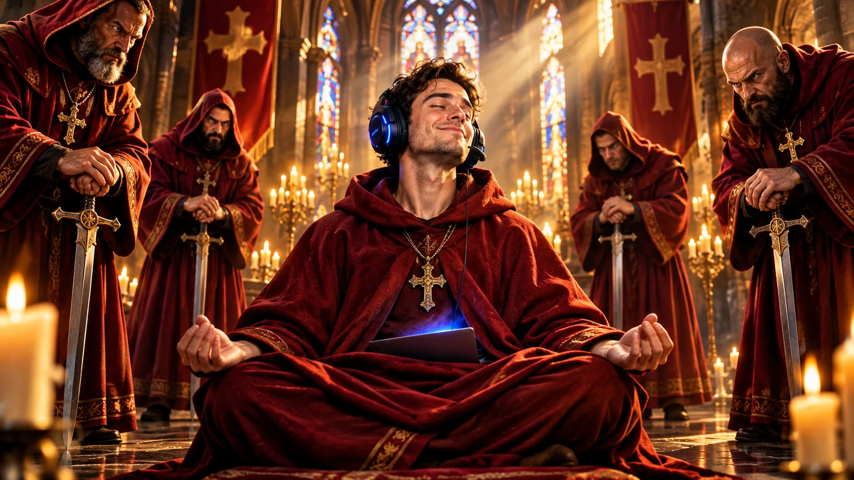 A gamer with a headset in a red monk robe meditates with a smile in a candlelit gothic hall, a computer hidden under his robe, surrounded by stern monks leaning on their swords