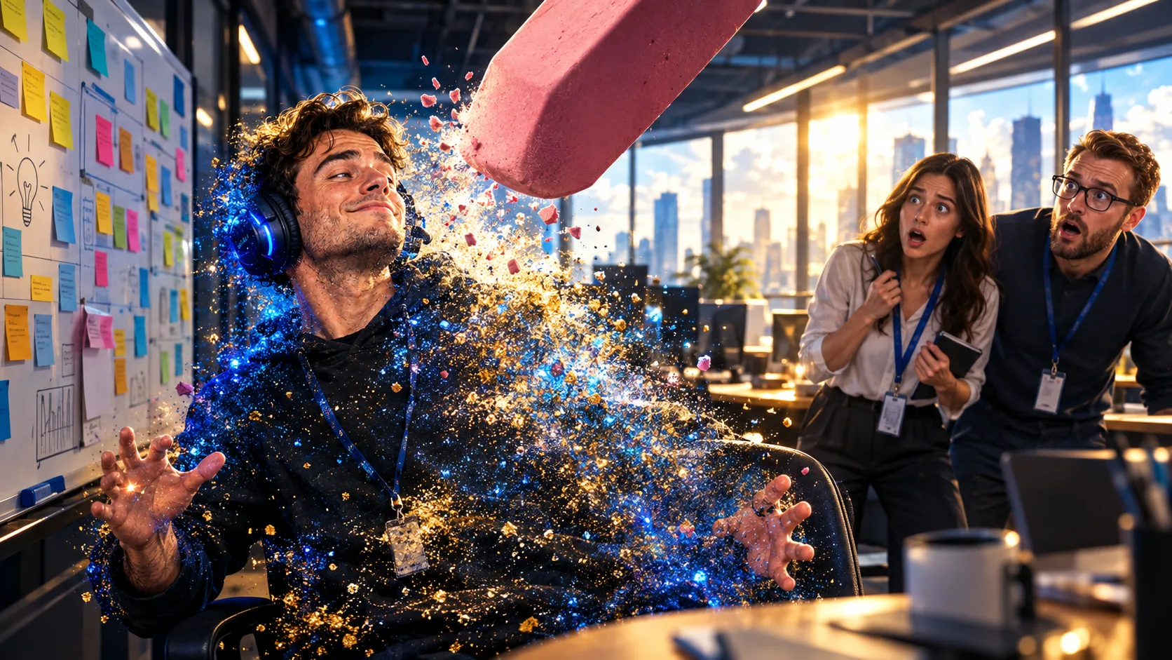 In an open-plan office, a giant pink eraser wipes out a gamer with a headset who dissolves into blue and gold particles, next to a board covered in sticky notes and two stunned coworkers
