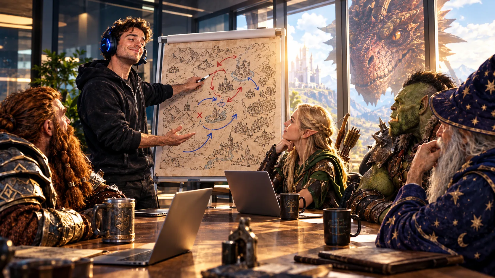 In a meeting room, a gamer with a headset presents a battle plan on a flip chart map to a dwarf, an elf archer, an orc and a wizard, while a dragon presses its eye against the window