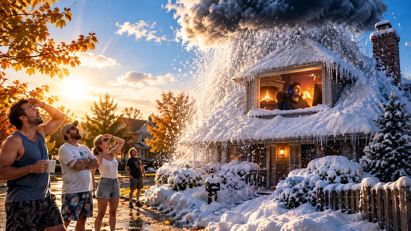 On a sunny autumn street, a black cloud dumps a snowstorm on a single house, where a gamer with a headset smiles at his computer by a fireplace, watched by stunned neighbours in t-shirts