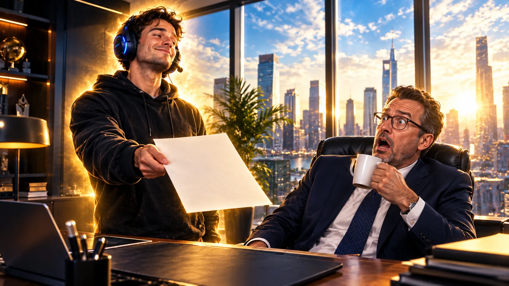 A gamer with a headset, bathed in golden light, hands a blank sheet to his manager, who sits open-mouthed behind his desk, coffee cup in hand, in front of a city view