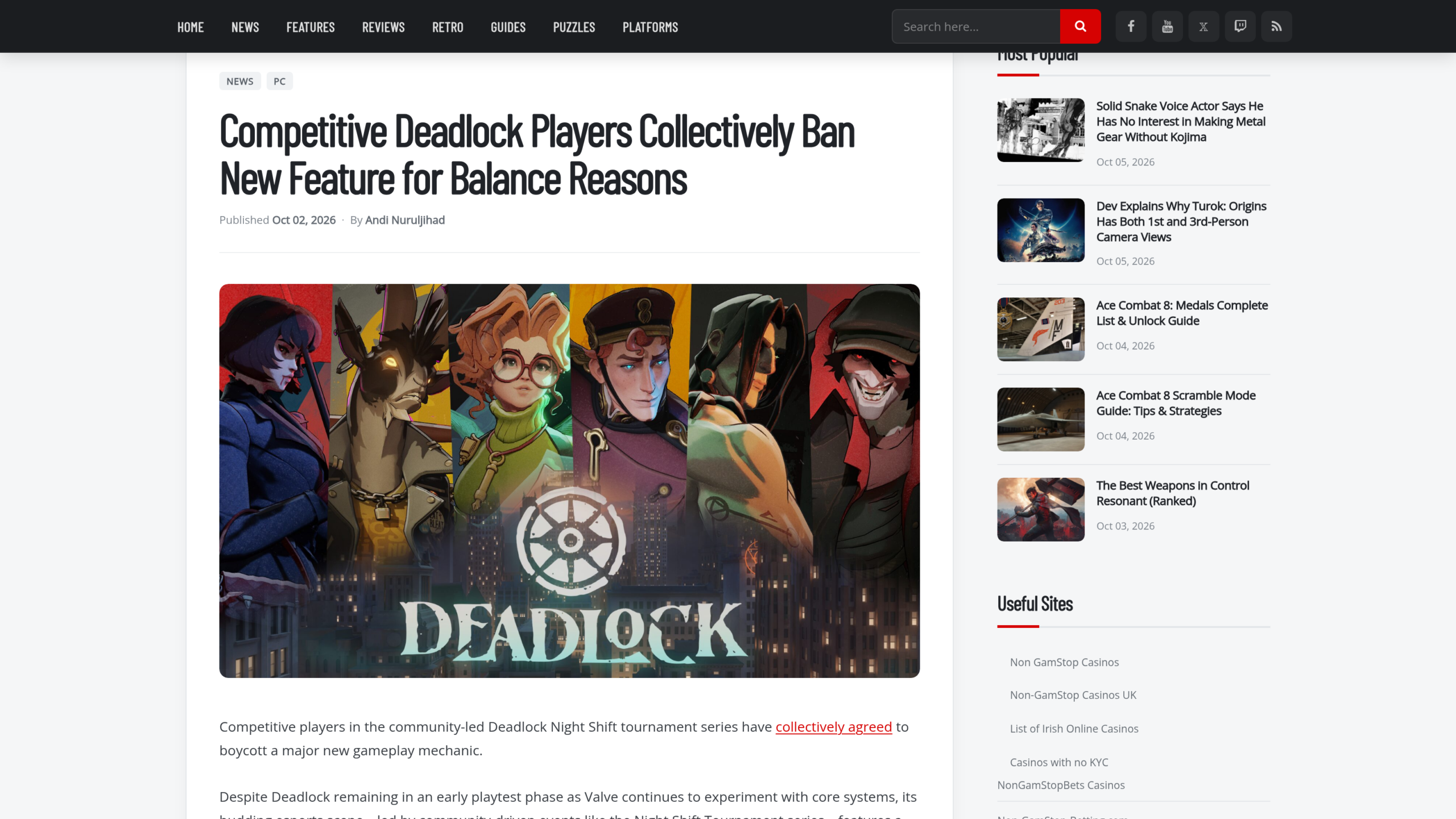 Titre de l'article de Power Up Gaming sur le boycott du Broker par les joueurs compétitifs, avec un visuel de six héros de Deadlock