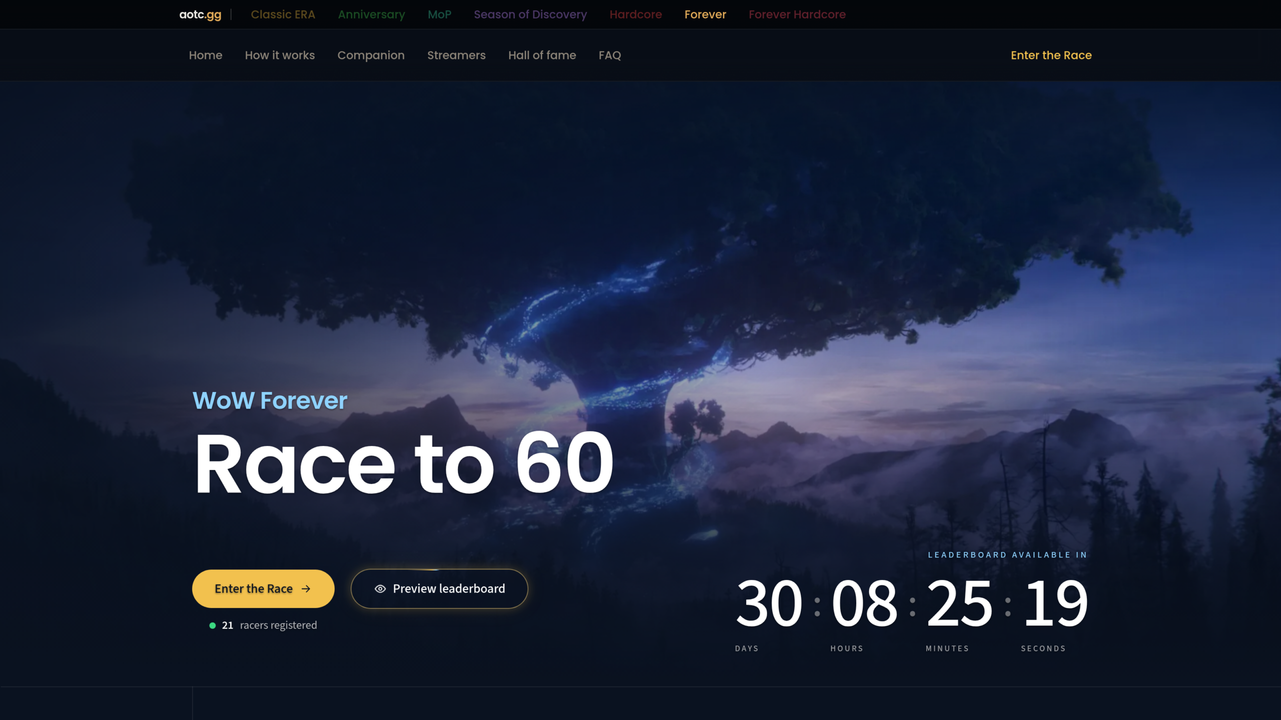 Page d'accueil de race.aotc.gg le 5 octobre 2026 : titre WoW Forever Race to 60, 21 coureurs enregistrés et compte à rebours de 30 jours avant l'ouverture du classement