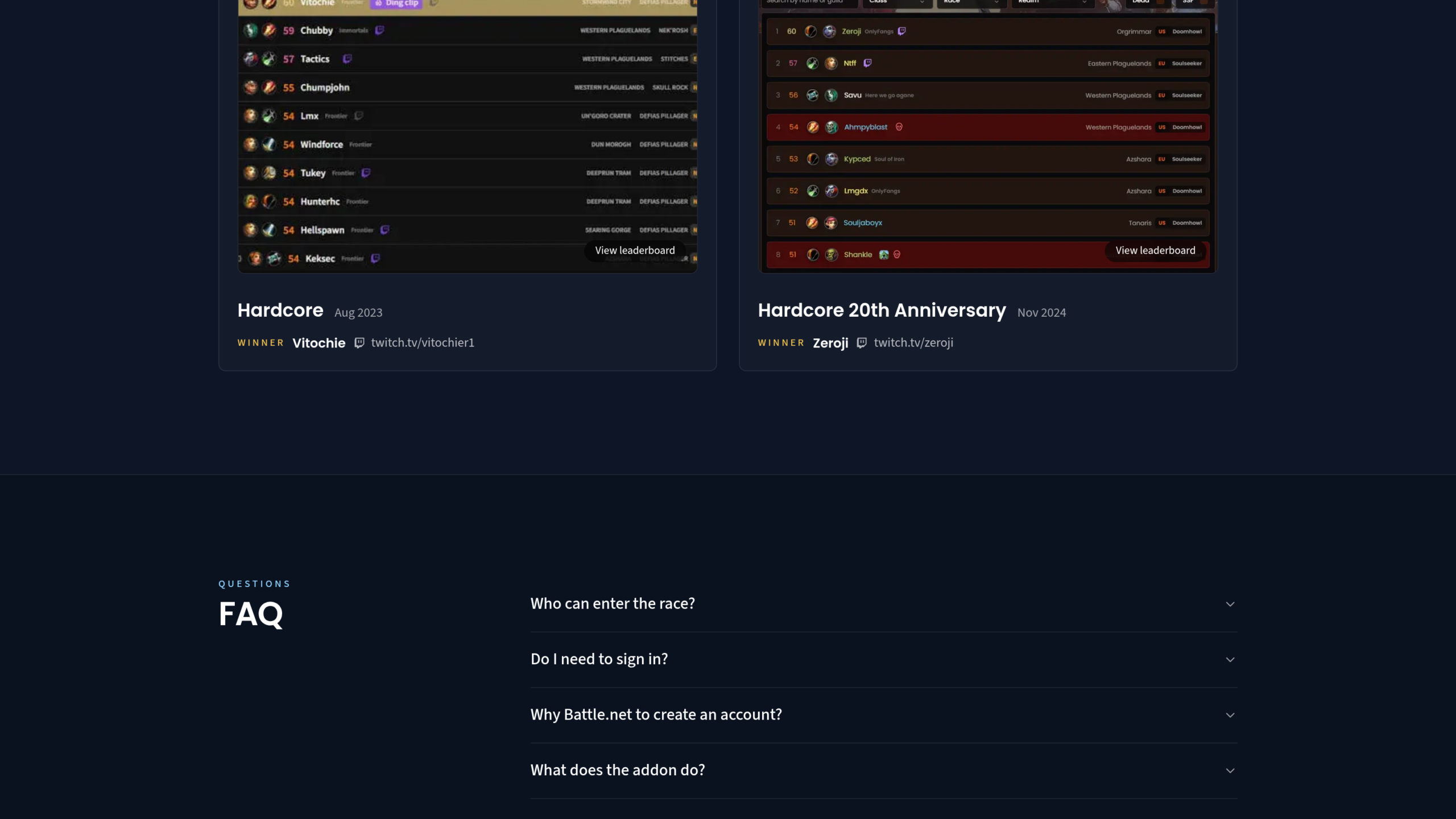 Section Hall of fame de race.aotc.gg : classements des deux dernières courses Hardcore, août 2023 gagnée par Vitochie et novembre 2024 gagnée par Zeroji