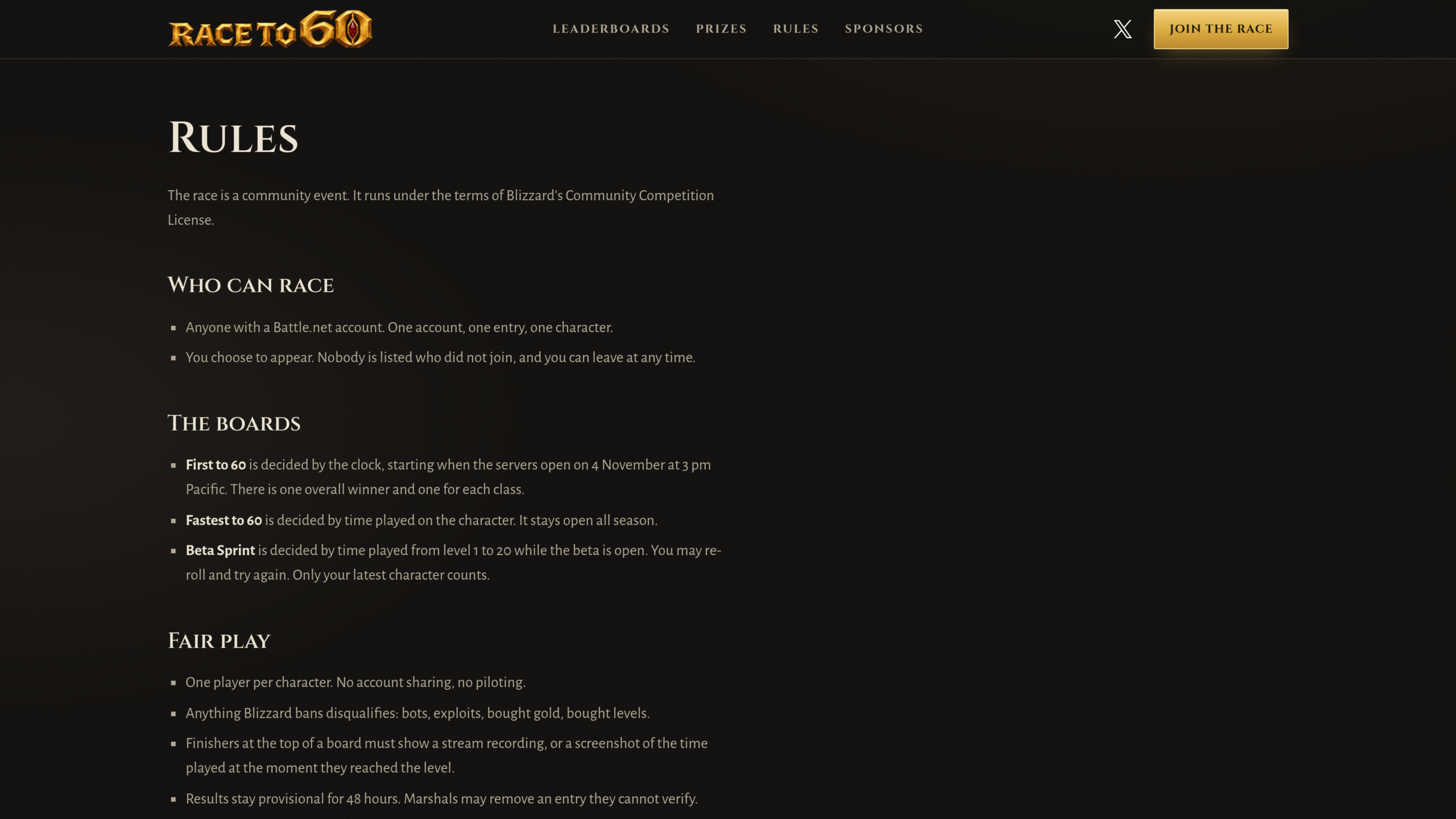 Page des règles de raceto60.com : qui peut courir, les tableaux First to 60, Fastest to 60 et Beta Sprint, et les règles de fair-play