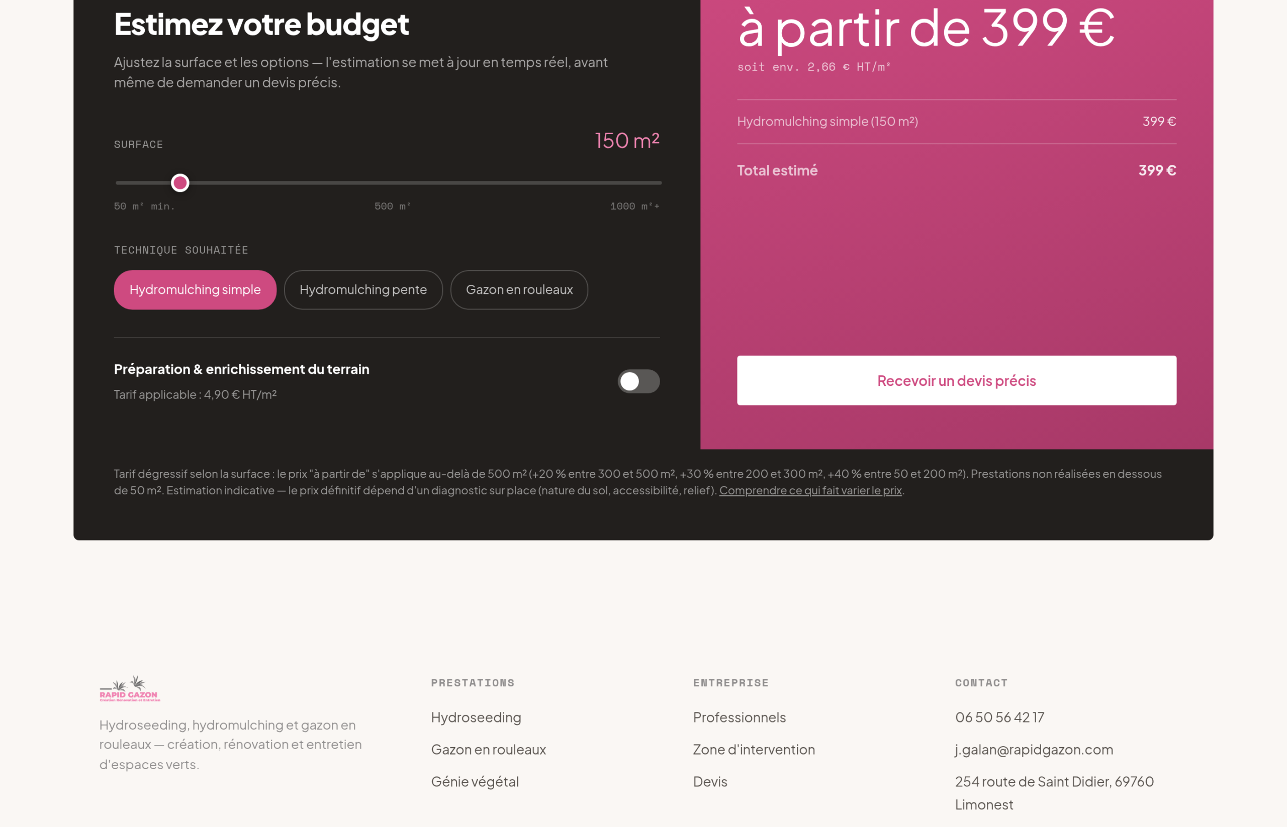 Simulateur de prix de rapidgazon.com réglé sur 150 m² en hydromulching simple, affichant « à partir de 399 € », soit 2,66 € HT par m², avec la règle de majoration dégressive en dessous