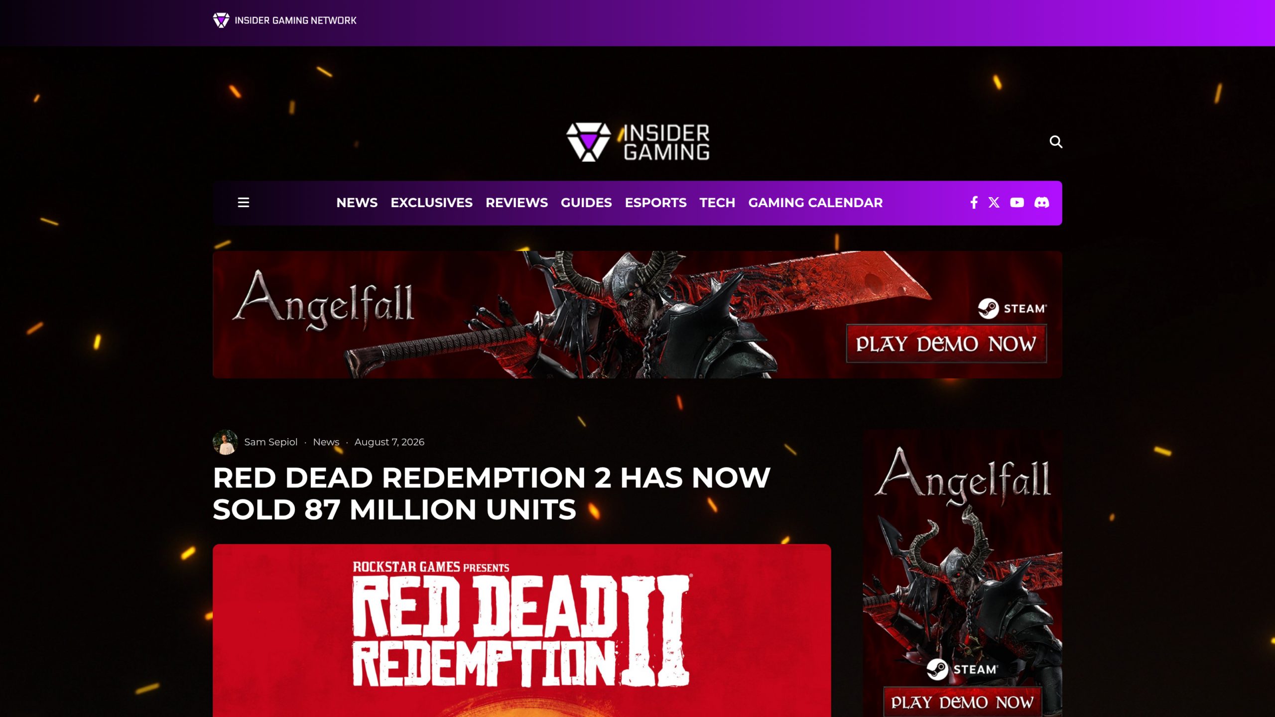 Article d'Insider Gaming du 7 août 2026 intitulé Red Dead Redemption 2 has now sold 87 million units, avec la jaquette rouge du jeu