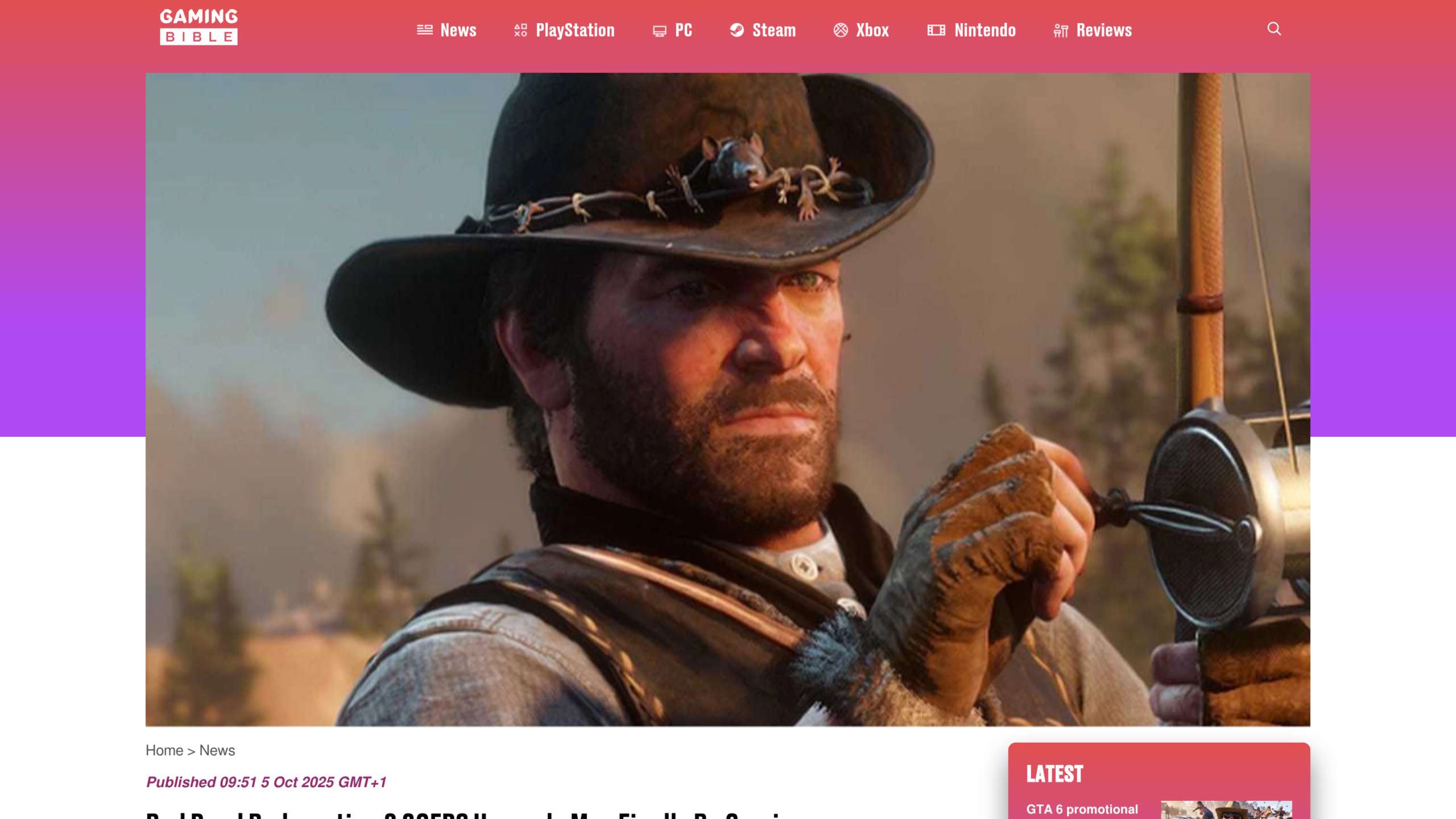 Page de GamingBible publiée le 5 octobre 2025, avec en illustration le héros du jeu en gros plan, chapeau orné d'une corde de barbelés