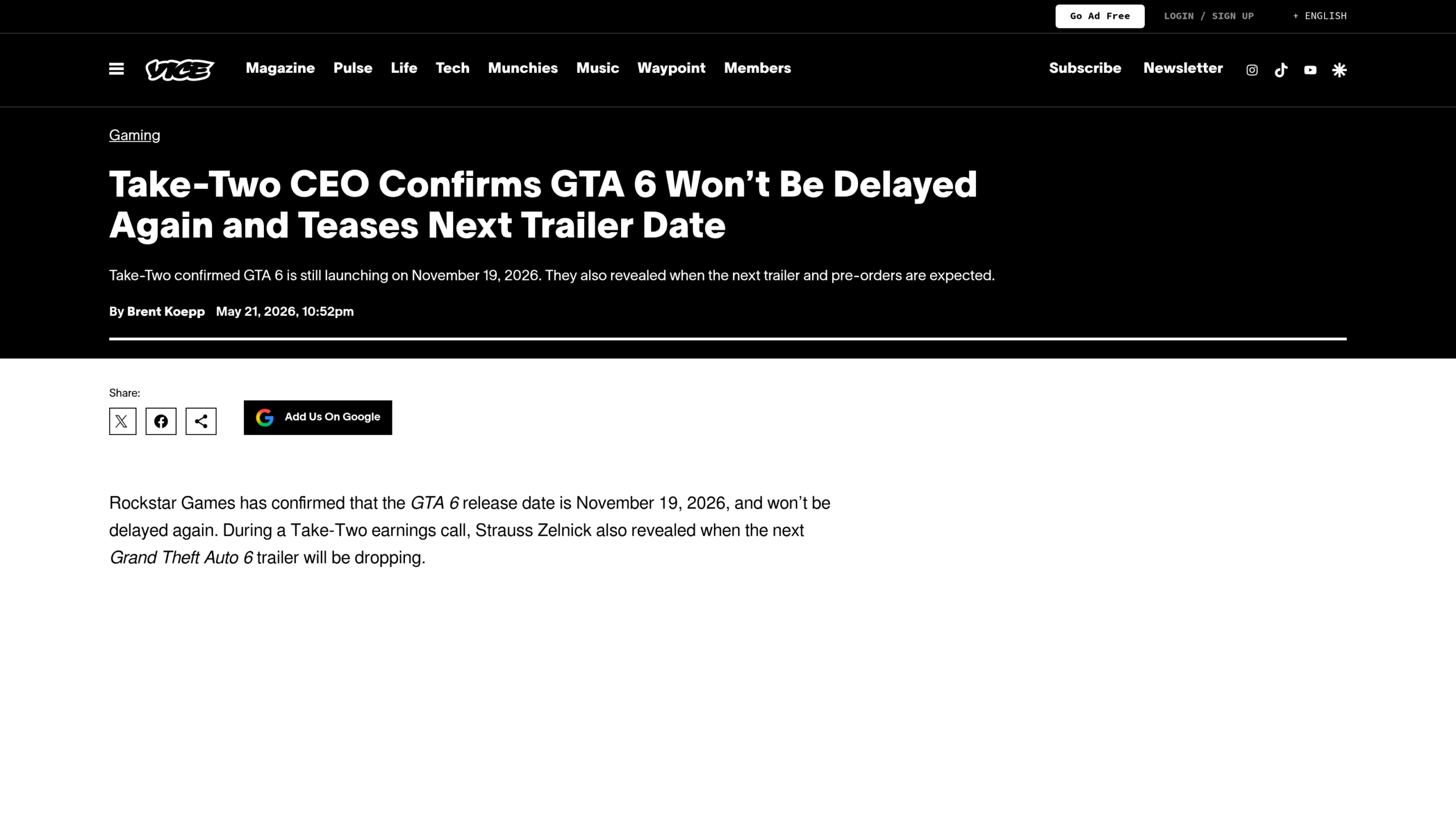 Page de Vice, article de Brent Koepp du 21 mai 2026 sur la confirmation du 19 novembre 2026 pour GTA 6 par le patron de Take-Two