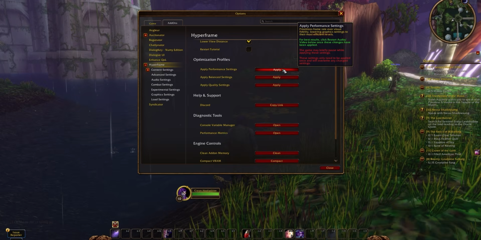 Menu de l'addon Hyperframe ouvert dans les options du jeu, avec les boutons Apply Performance Settings, Balanced et Quality