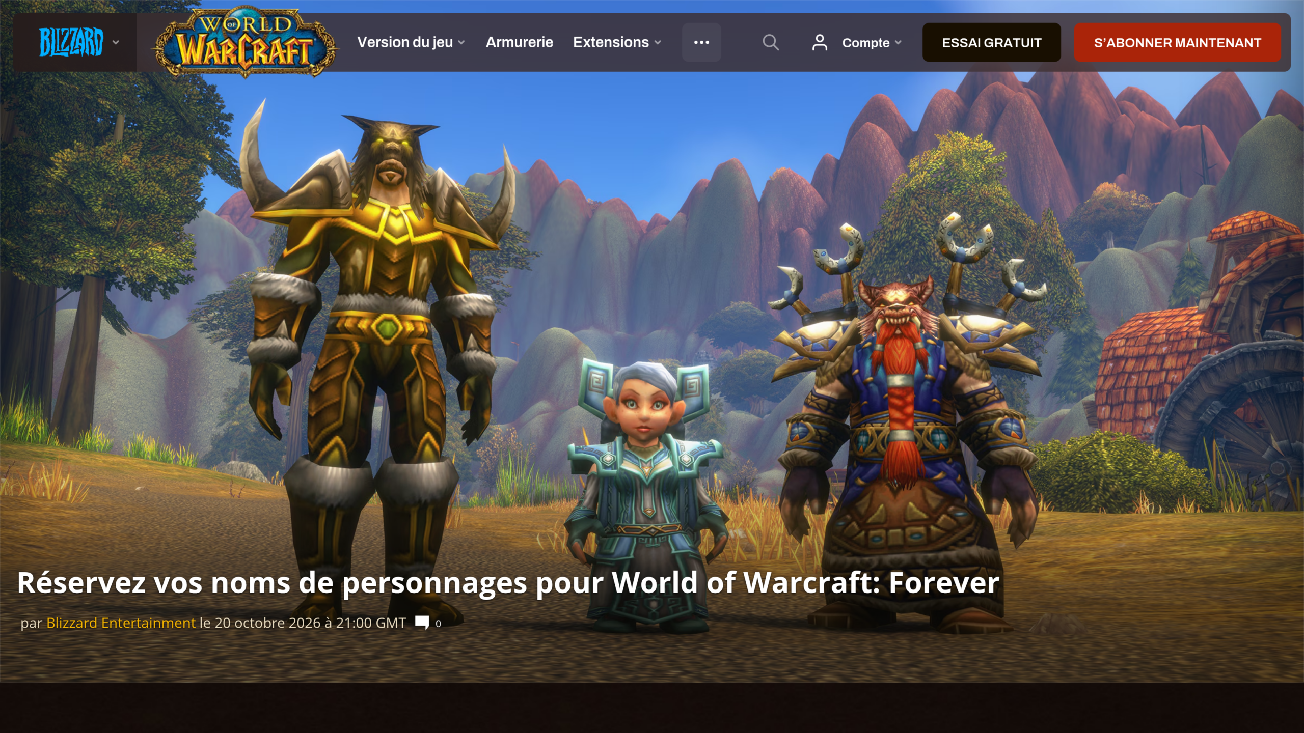Page d'annonce de Blizzard en français, titrée « Réservez vos noms de personnages pour World of Warcraft: Forever », publiée le 20 octobre 2026, avec un tauren, une gnome et un nain au premier plan