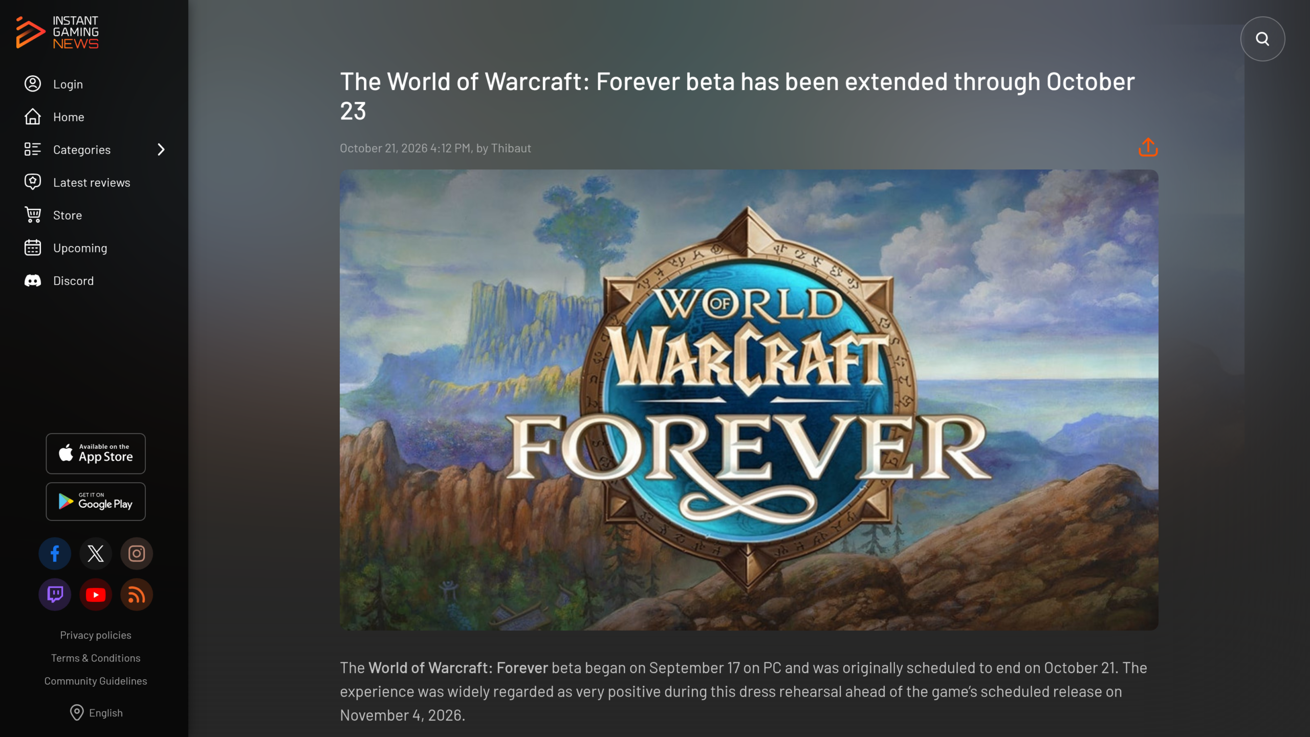 Article d'Instant Gaming News publié le 21 octobre 2026 par Thibaut, titré « The World of Warcraft: Forever beta has been extended through October 23 », avec le logo WoW Forever sur un paysage peint