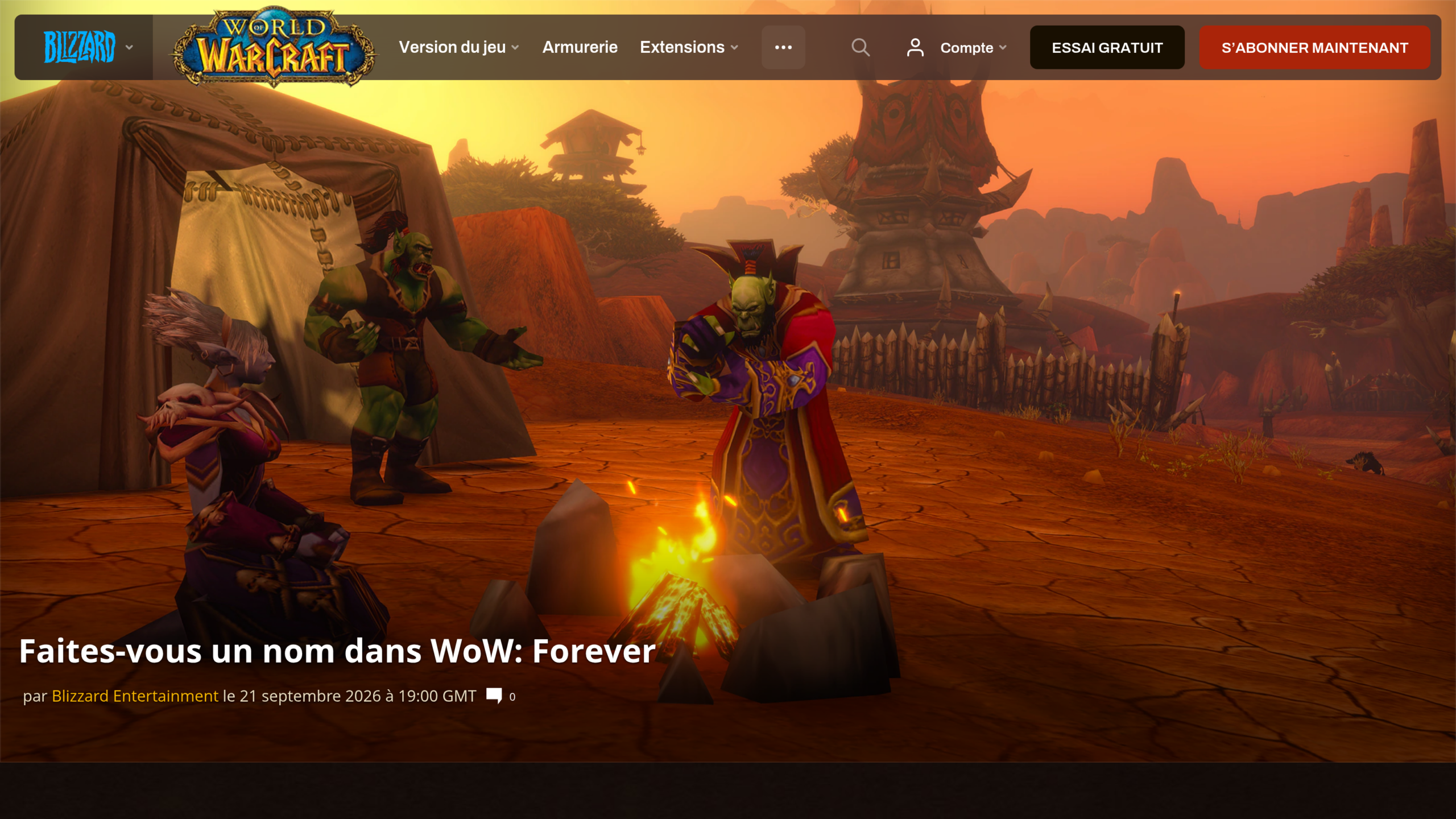 Page d'annonce de Blizzard en français, titrée « Faites-vous un nom dans WoW: Forever », publiée le 21 septembre 2026, avec des orcs et une elfe de sang autour d'un feu de camp